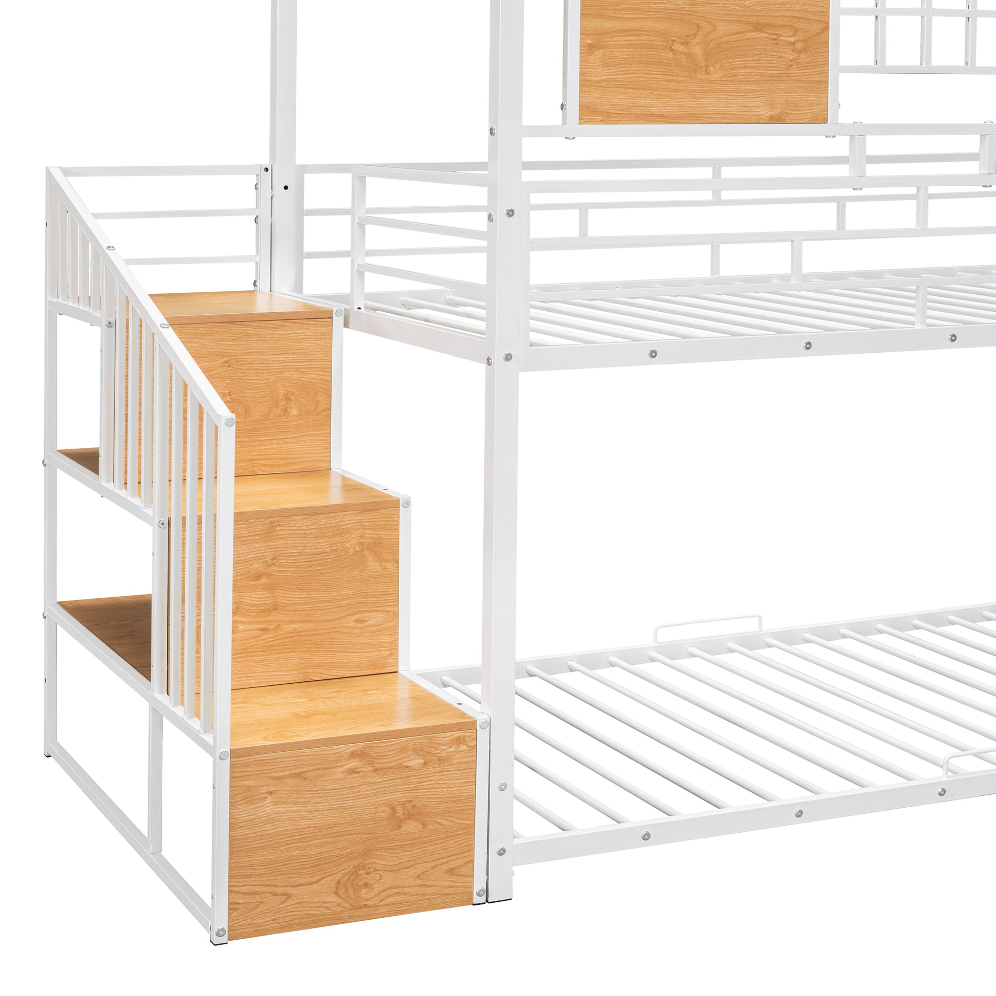 Twin Over Twin Metal Bunk Bed, Metal Housebed With Slide And Storage Stair, White With White Slide White Iron