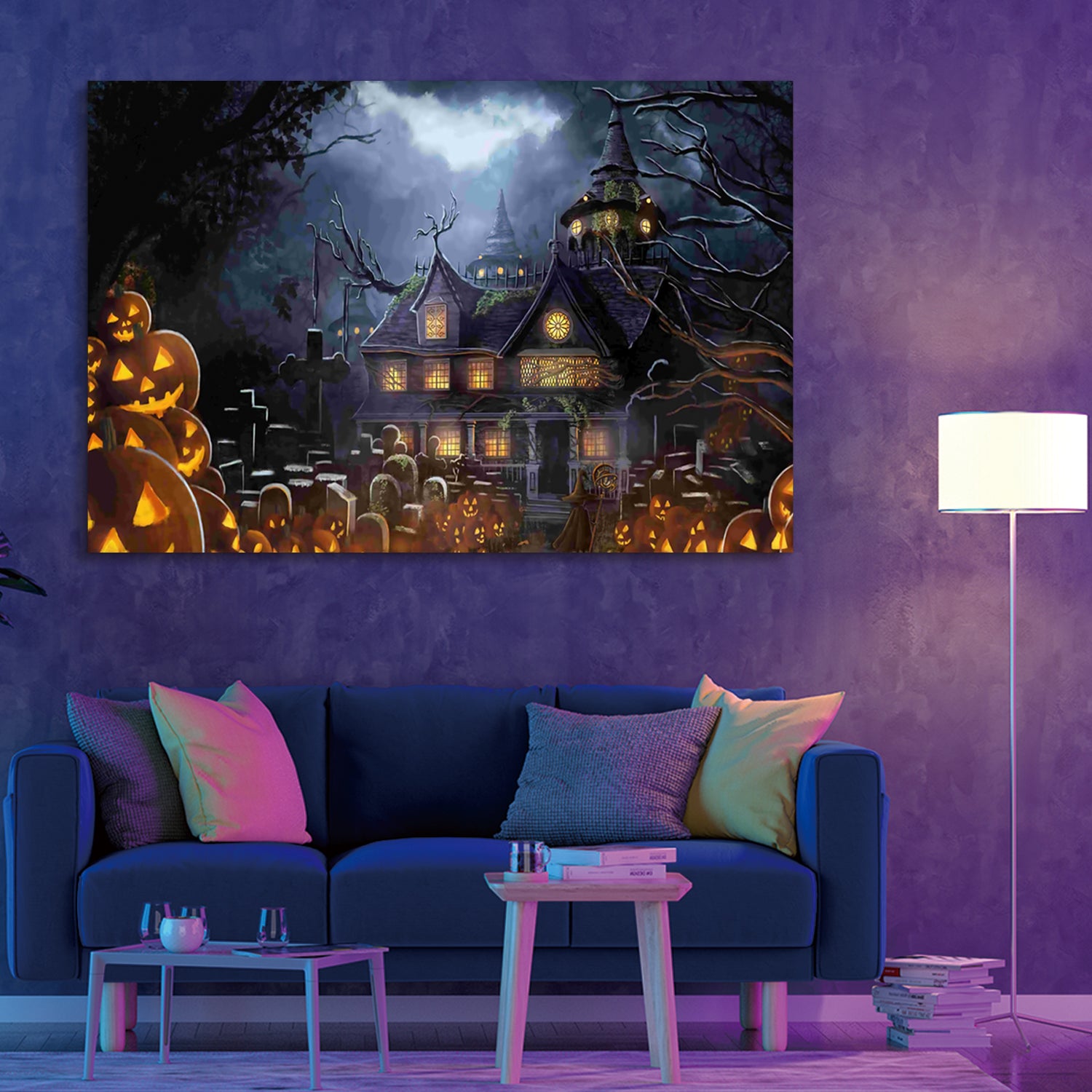 1Pcs Drop Ping Framed Canvas Wall Art Decor Painting For Halloween, Haunted Jack O Lanterns Farm Painting For Halloween Gift,2418In Thickness 1.5Inch Rectangle Framed Multicolor Halloween Oversized 41In Canvas Cultures And Diasporas