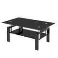 Black Tempered Glass Coffee Table, 2 Layer Storage Tea Table Black Tempered Glass