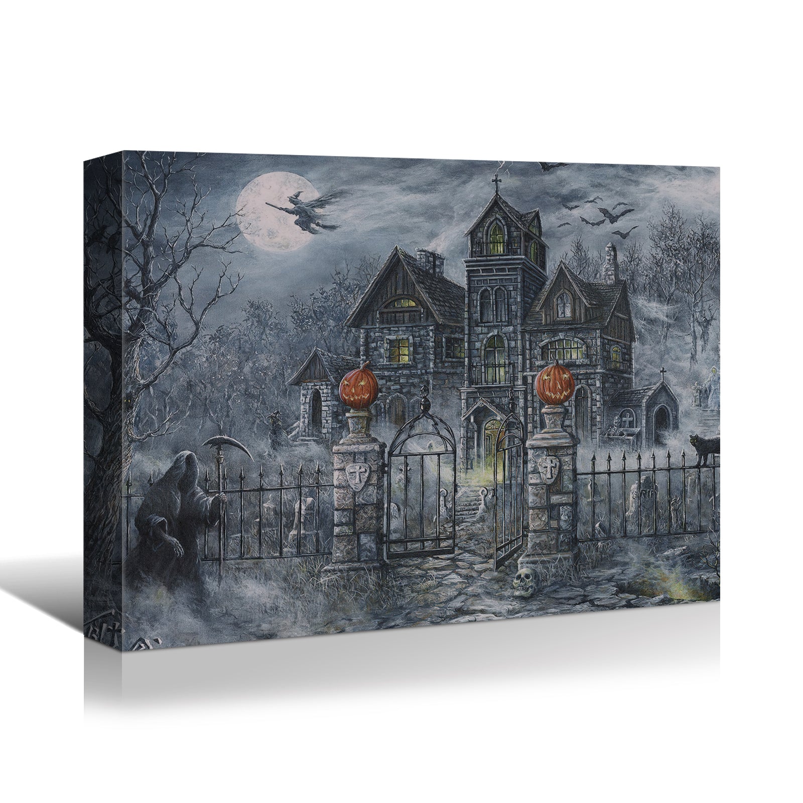 Drop Ping Framed Canvas Wall Art Decor Painting For Halloween, Haunted Ghost Hause Painting For Halloween Gift, Decoration For Halloween Office Living Room, Bedroom Decor Ready To Hang Rectangle Framed Multicolor Halloween Oversized 41In Canvas Cultures