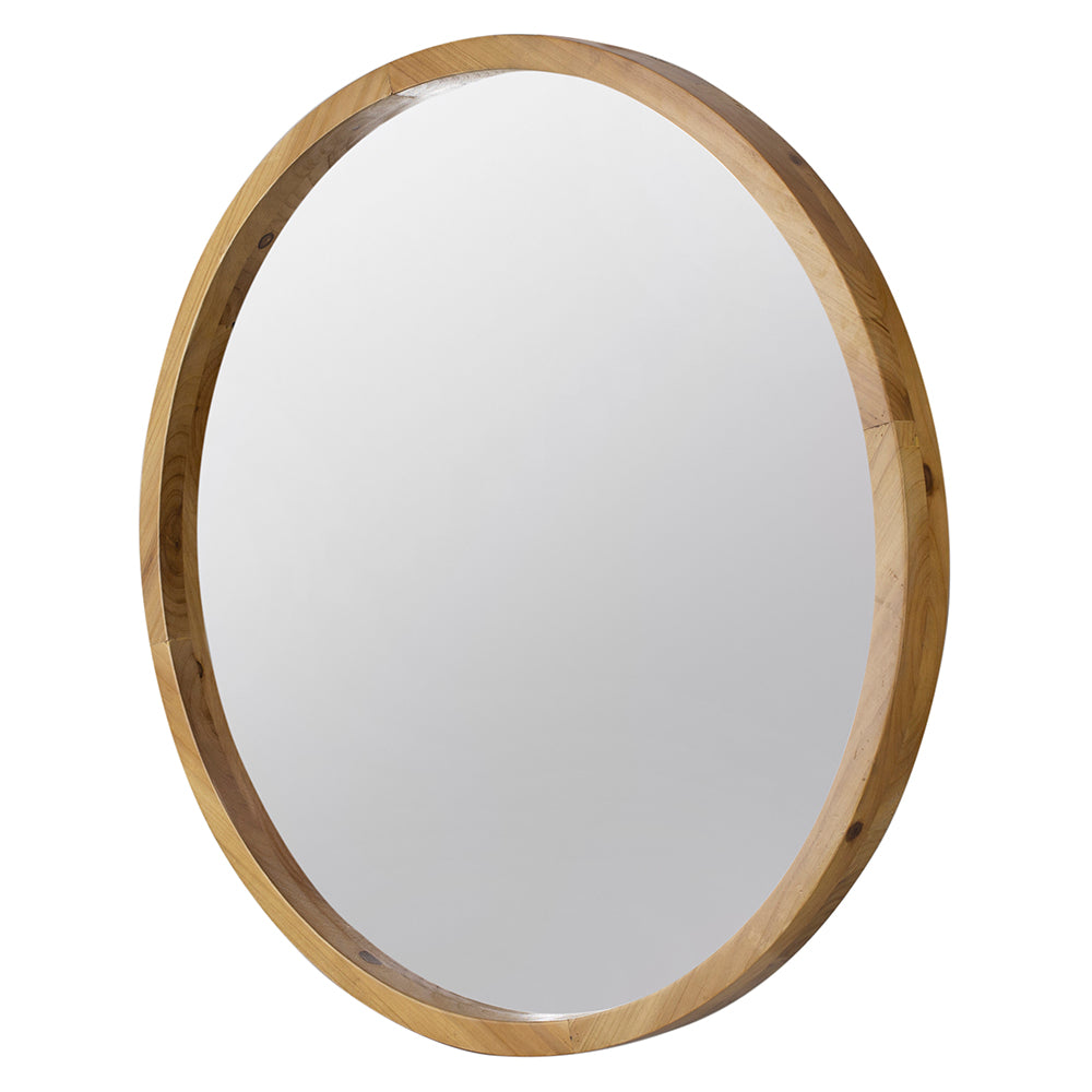 D28" Wood Round Mirror, Farmhouse Decor Style Circle Wall Mirror For Living Room Bathroom Entryway Brown Wood Glass