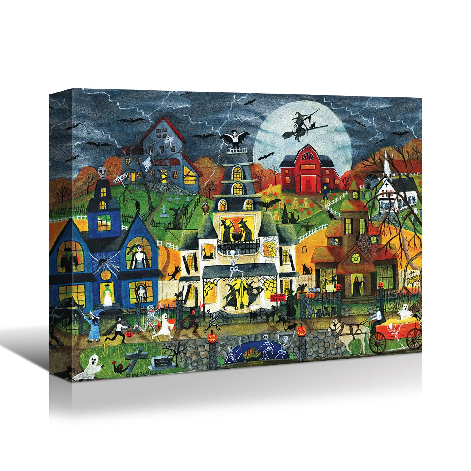 Drop Ping Framed Canvas Wall Art Decor Painting For Halloween, Haunted Ghost Town Painting For Halloween Gift, Decoration For Halloween Office Living Room, Bedroom Decor Ready To Hang Rectangle