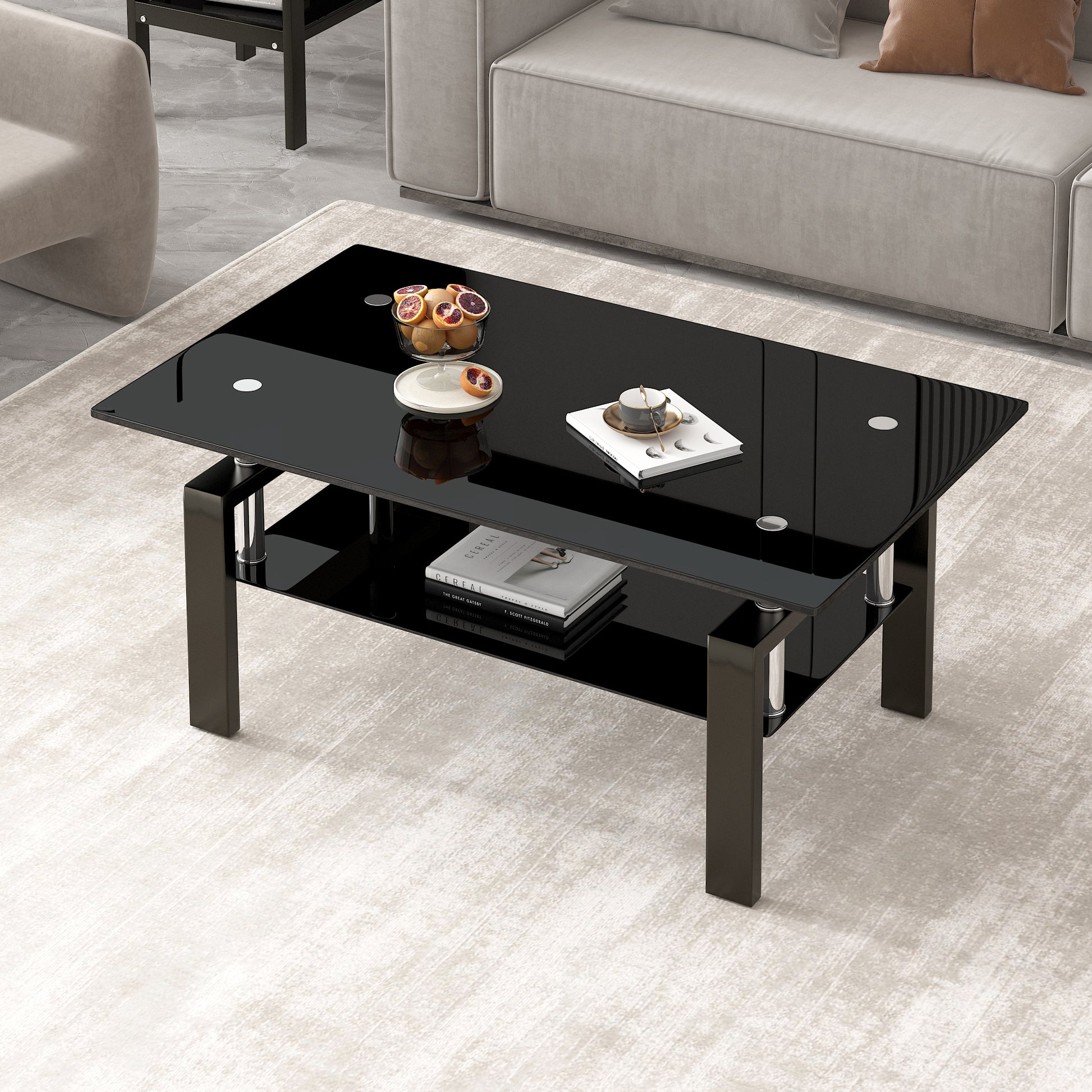 Black Tempered Glass Coffee Table, 2 Layer Storage Tea Table Black Tempered Glass