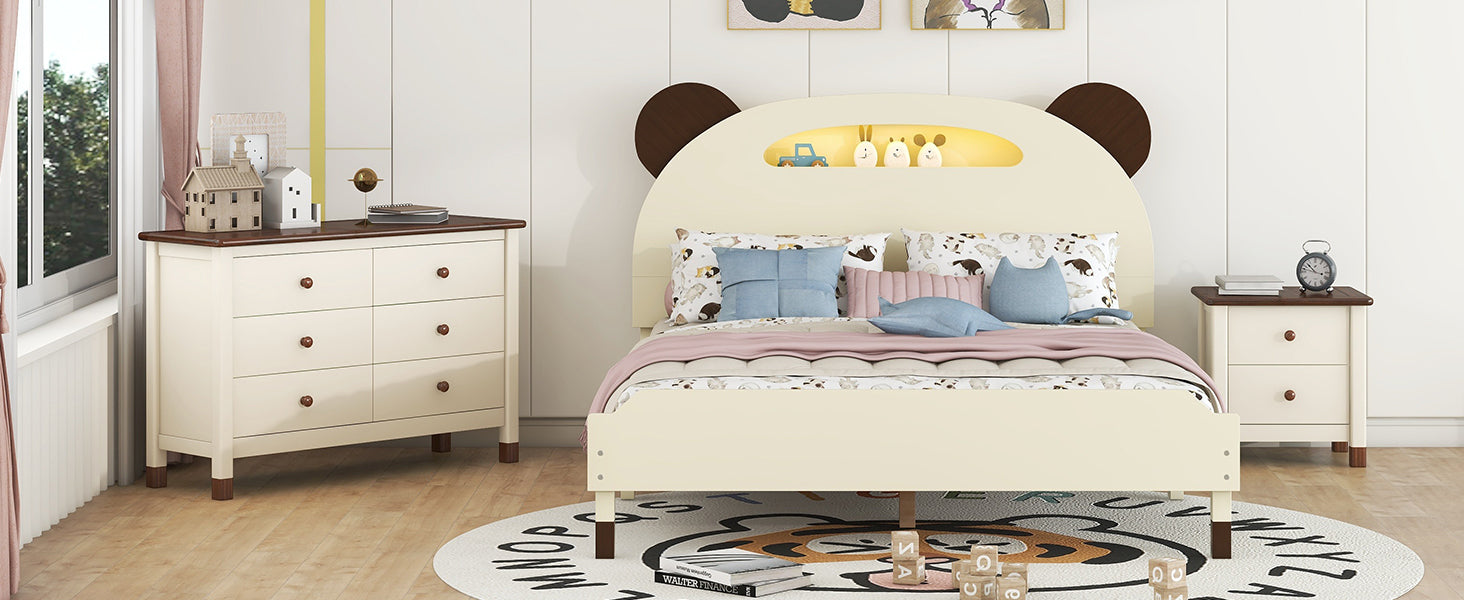 3 Pieces Bedroom Sets Full Size Bear Shape Platform Bed With Nightstand And Storage Dresser,Cream Walnut Cream Wood