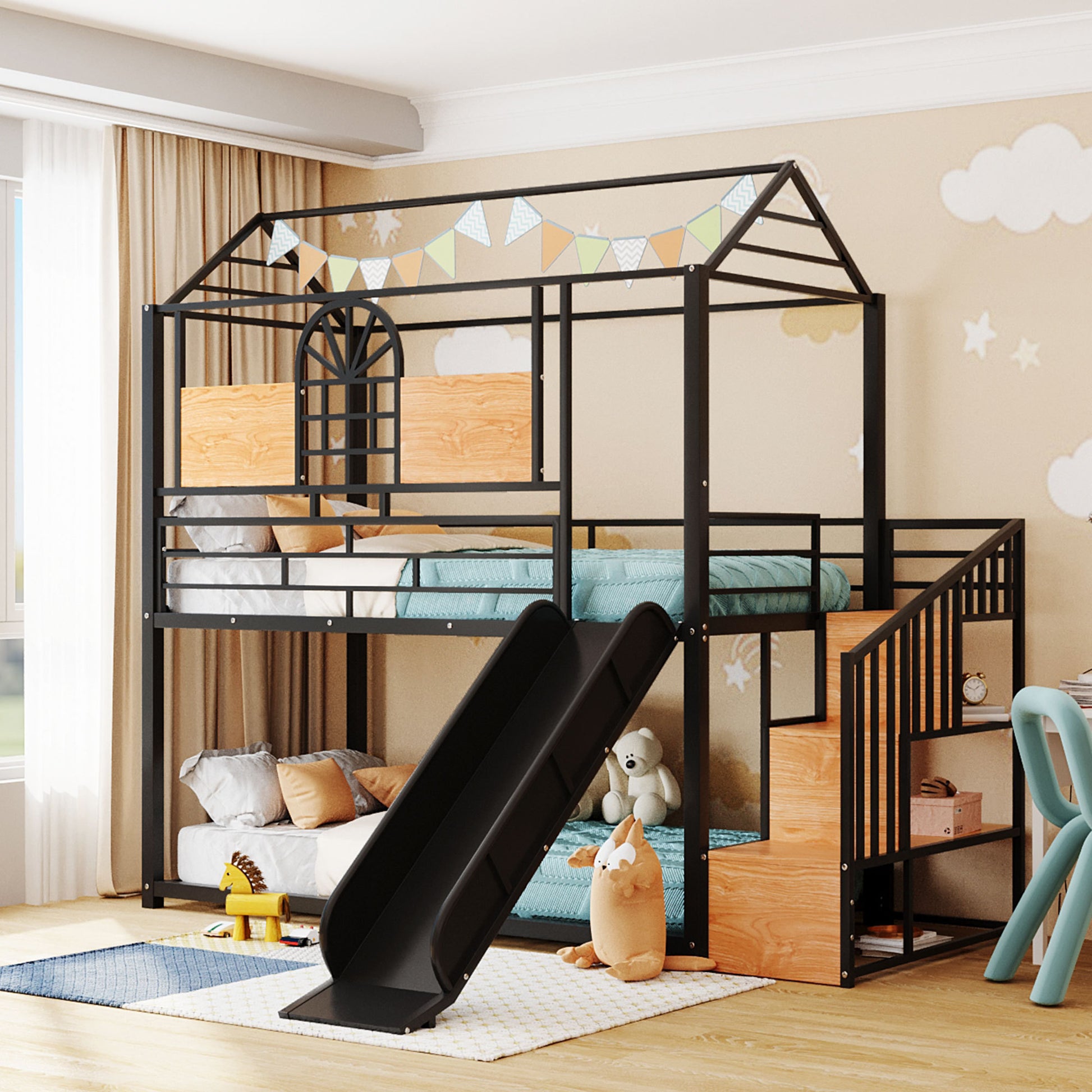 Twin Over Twin Metal Bunk Bed, Metal Housebed With Slide And Storage Stair, Black With Black Slide Black Iron