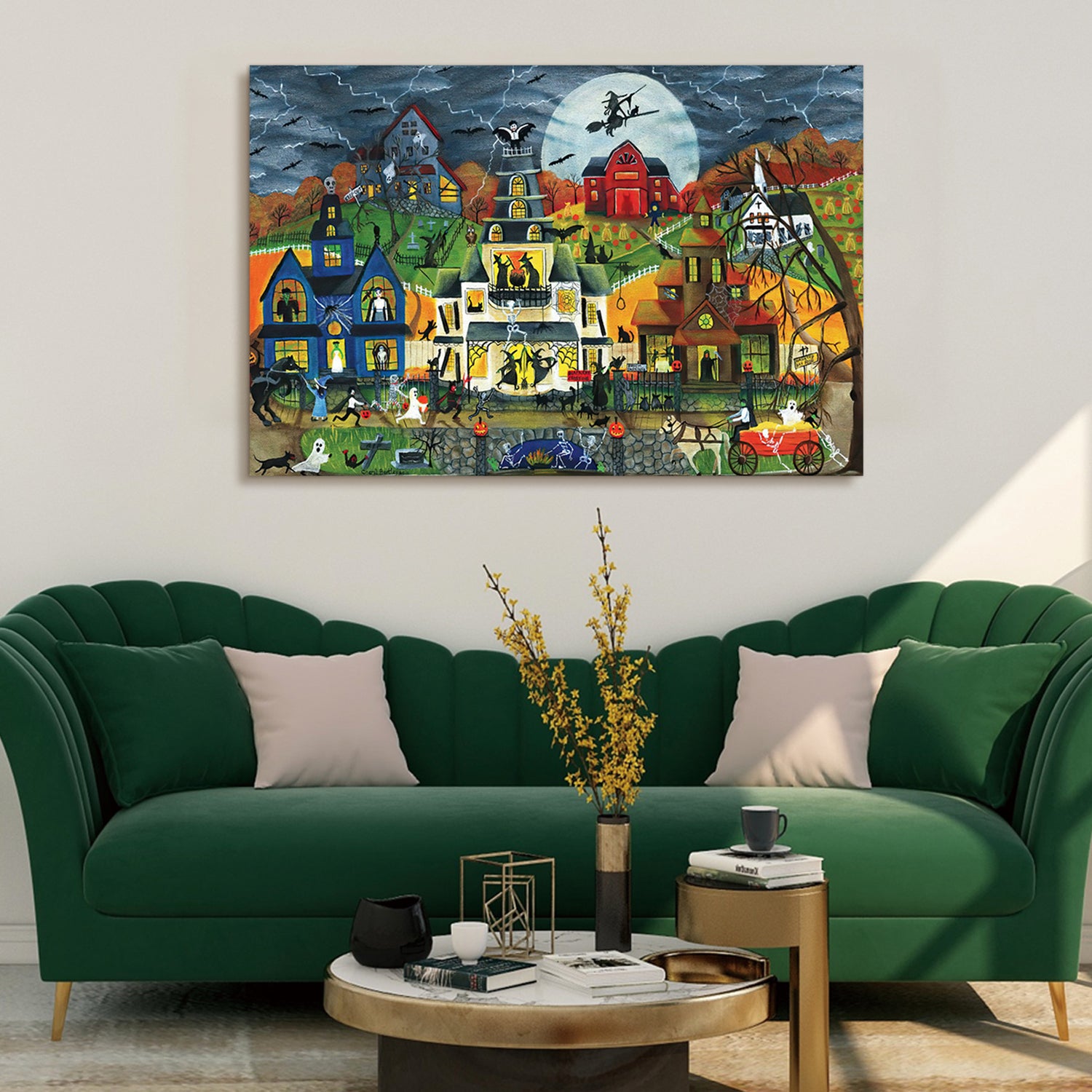 Drop Ping Framed Canvas Wall Art Decor Painting For Halloween, Haunted Ghost Town Painting For Halloween Gift, Decoration For Halloween Office Living Room, Bedroom Decor Ready To Hang Rectangle