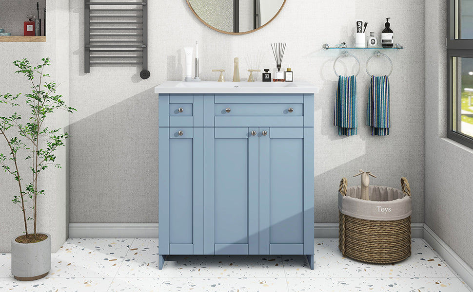 30 Inch Blue Bathroom Vanity With Ceramic Sink Combo, Abundant Storage Cabinet 2 Soft Close Doors And Double Tier Deep Drawer Blue Bathroom Mdf