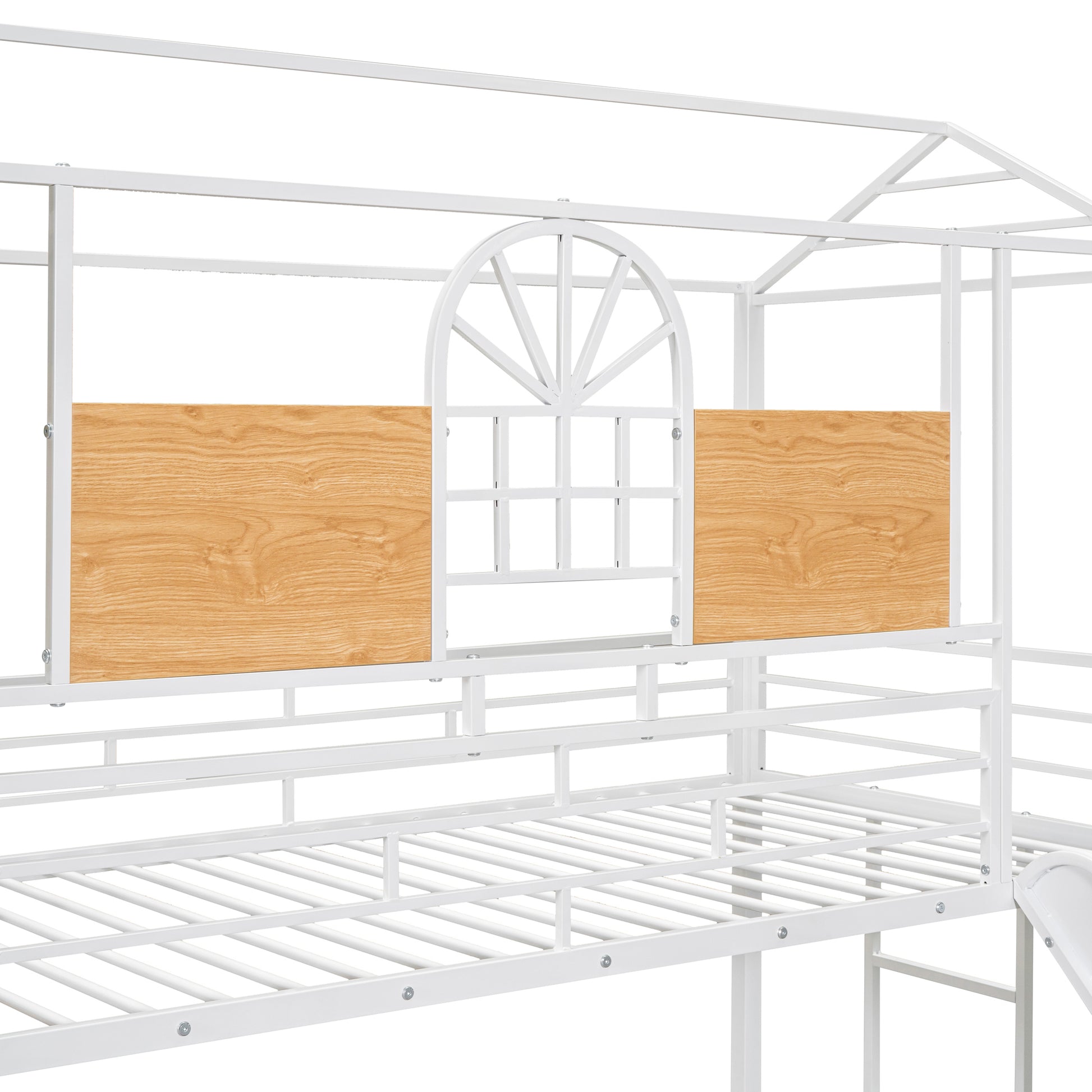 Twin Over Twin Metal Bunk Bed, Metal Housebed With Slide And Storage Stair, White With White Slide White Iron