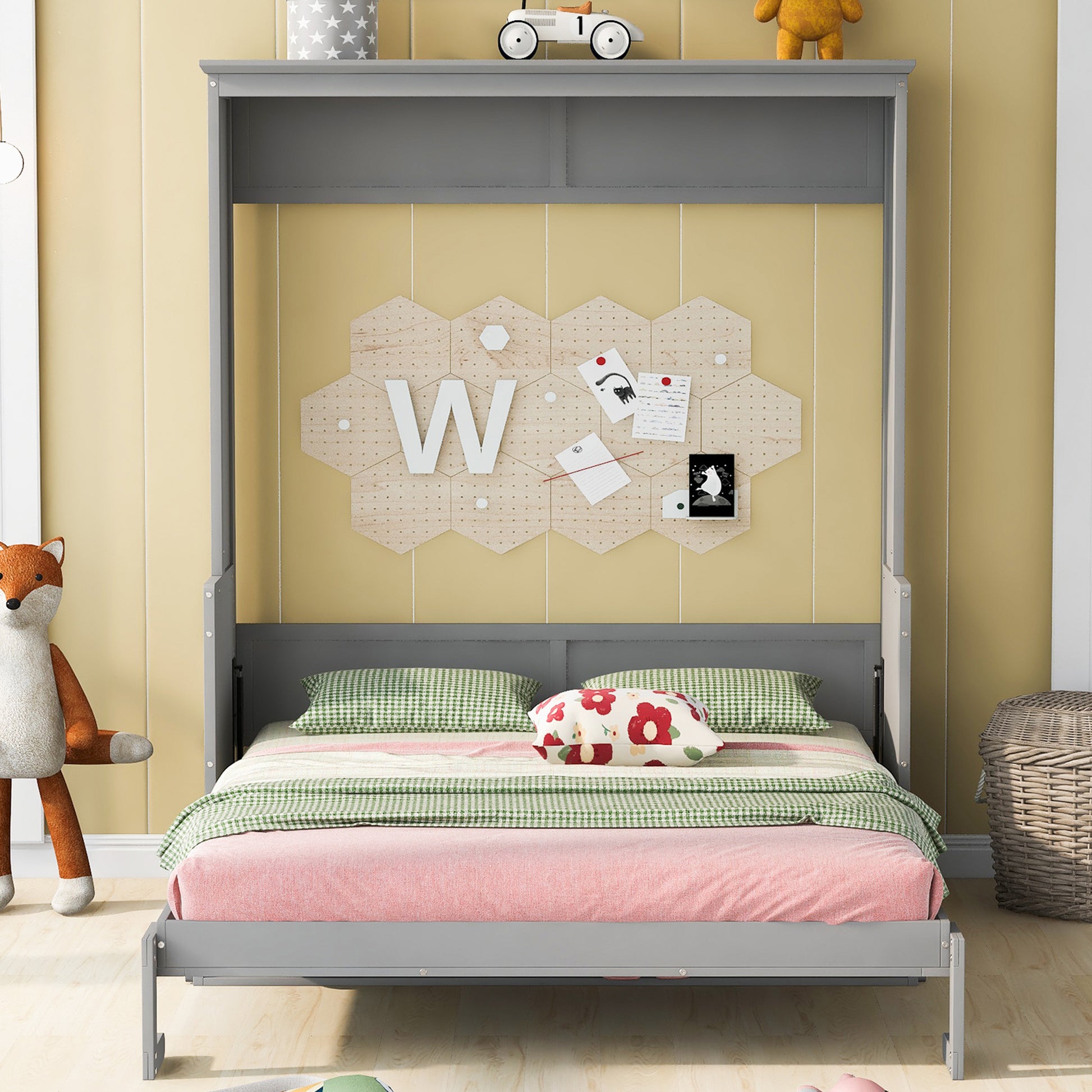 Queen Size Murphy Bed With A Shelf, Gray Box Spring Not Required Queen Gray Wood Bedroom Murphy Solid Wood Mdf