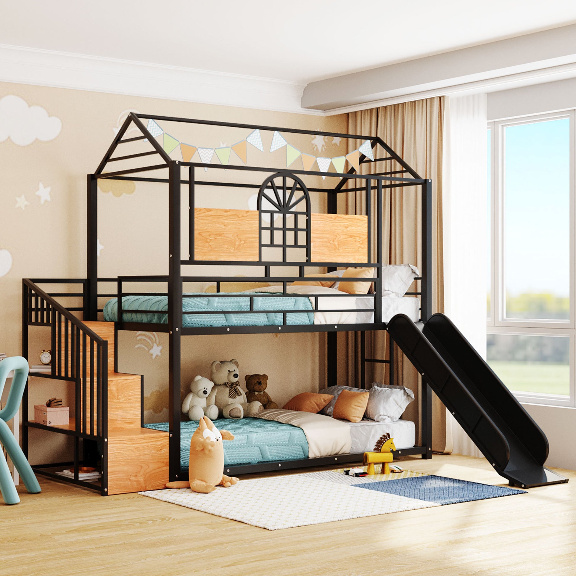 Twin Over Twin Metal Bunk Bed, Metal Housebed With Slide And Storage Stair, Black With Black Slide Black Iron