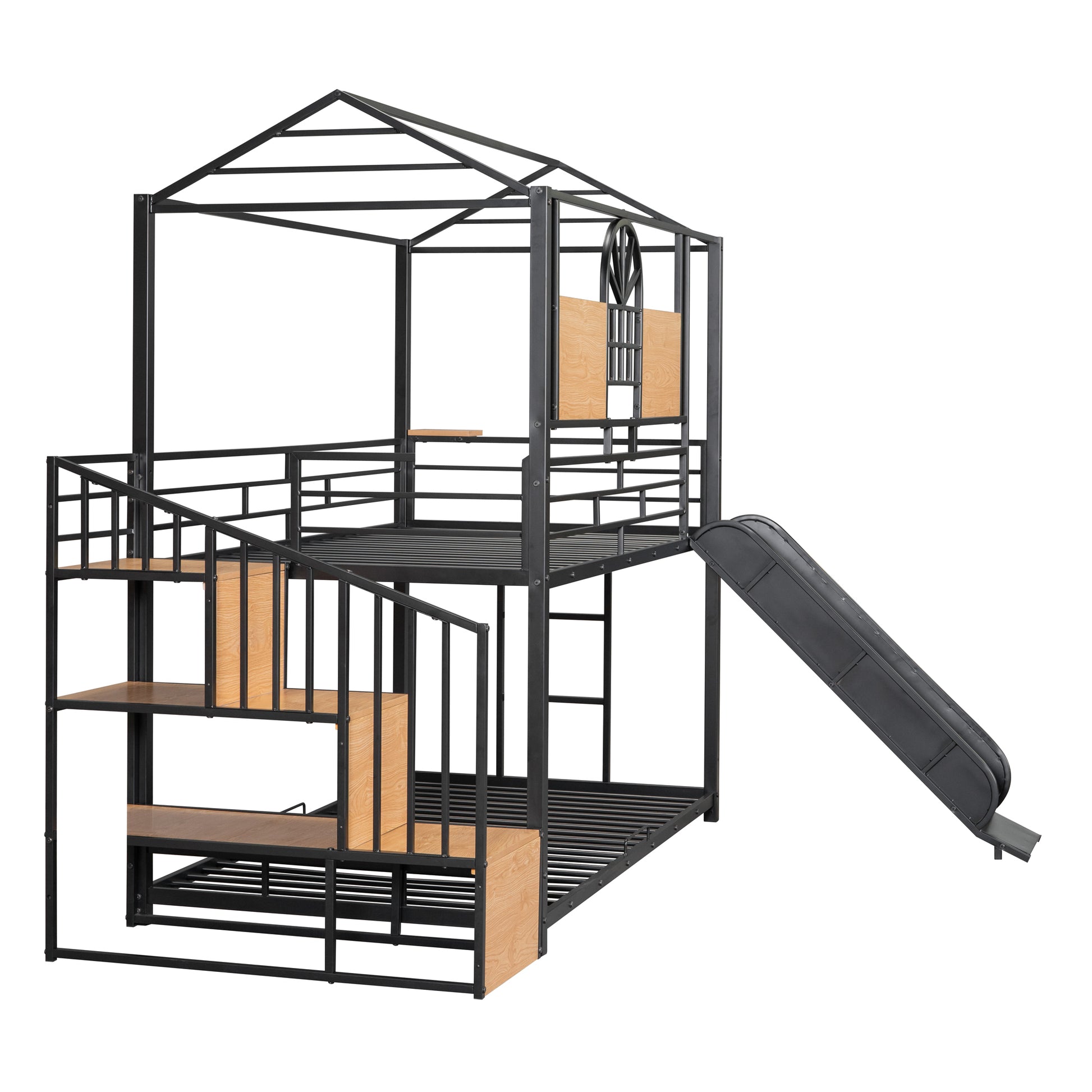 Twin Over Twin Metal Bunk Bed, Metal Housebed With Slide And Storage Stair, Black With Black Slide Black Iron