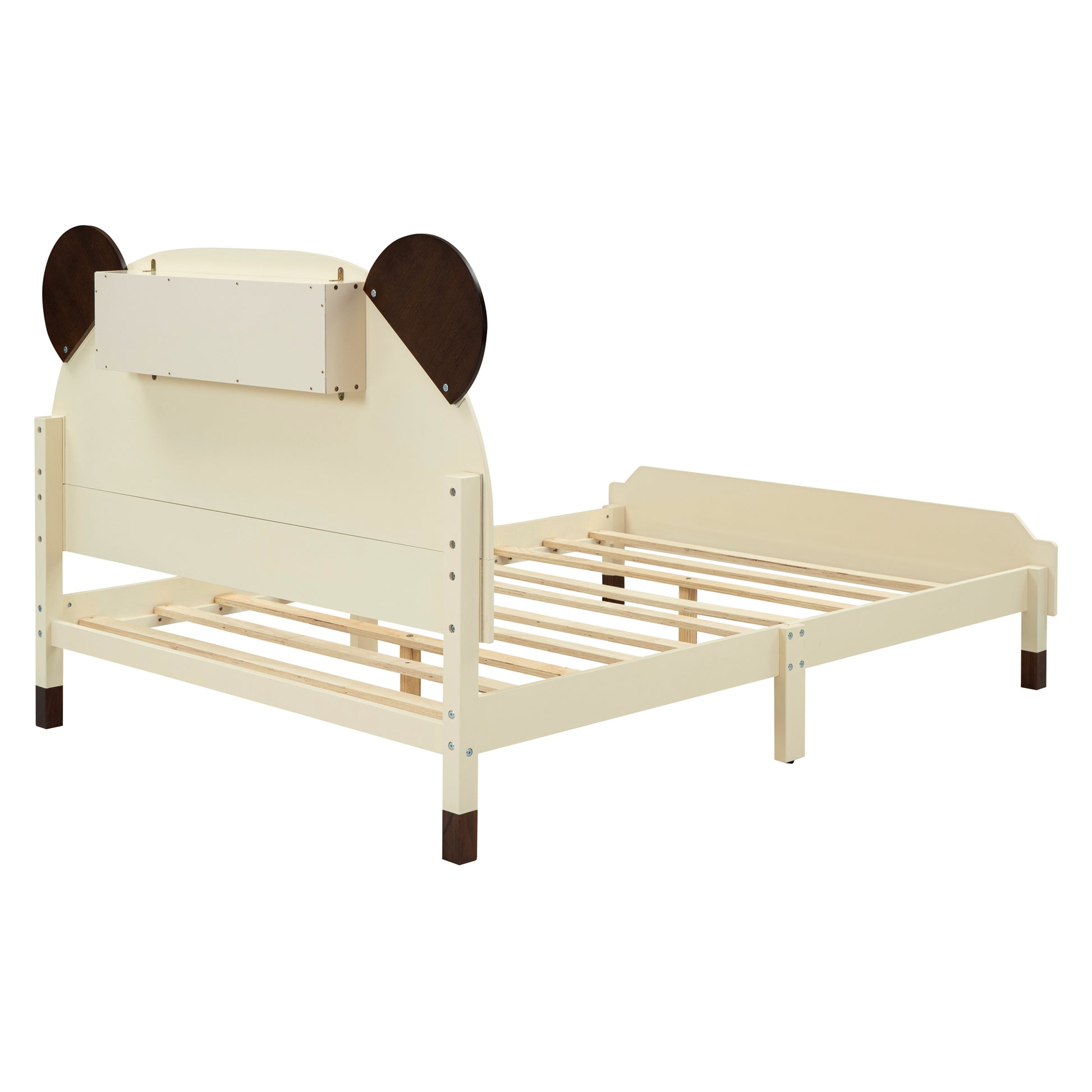 3 Pieces Bedroom Sets Full Size Bear Shape Platform Bed With Nightstand And Storage Dresser,Cream Walnut Cream Wood