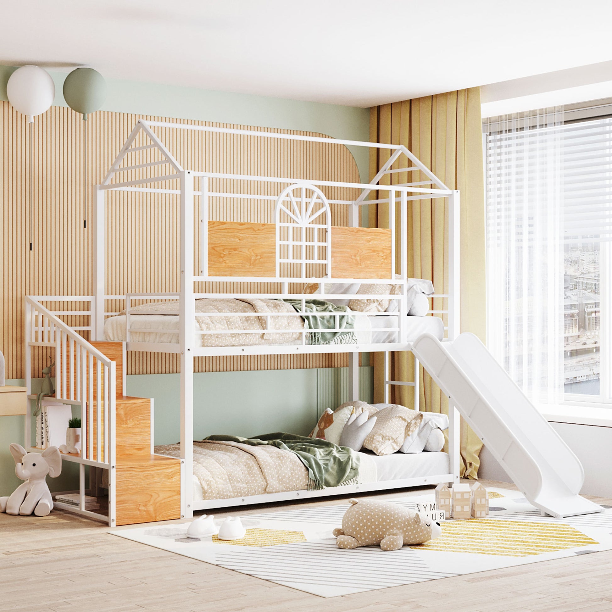 Twin Over Twin Metal Bunk Bed, Metal Housebed With Slide And Storage Stair, White With White Slide White Iron