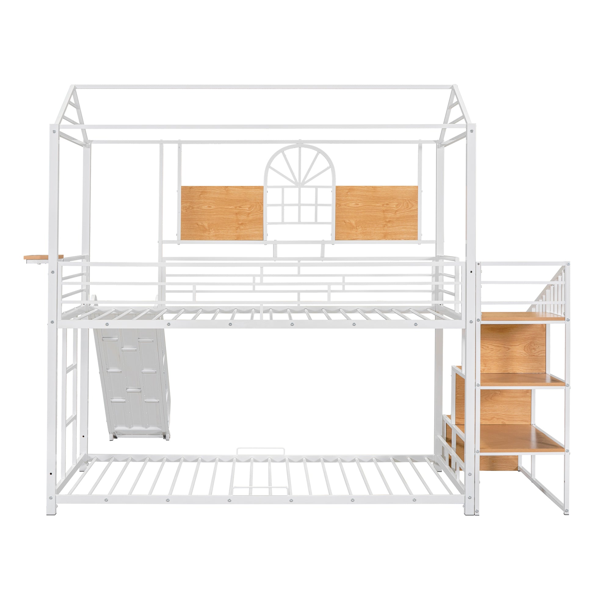 Twin Over Twin Metal Bunk Bed, Metal Housebed With Slide And Storage Stair, White With White Slide White Iron