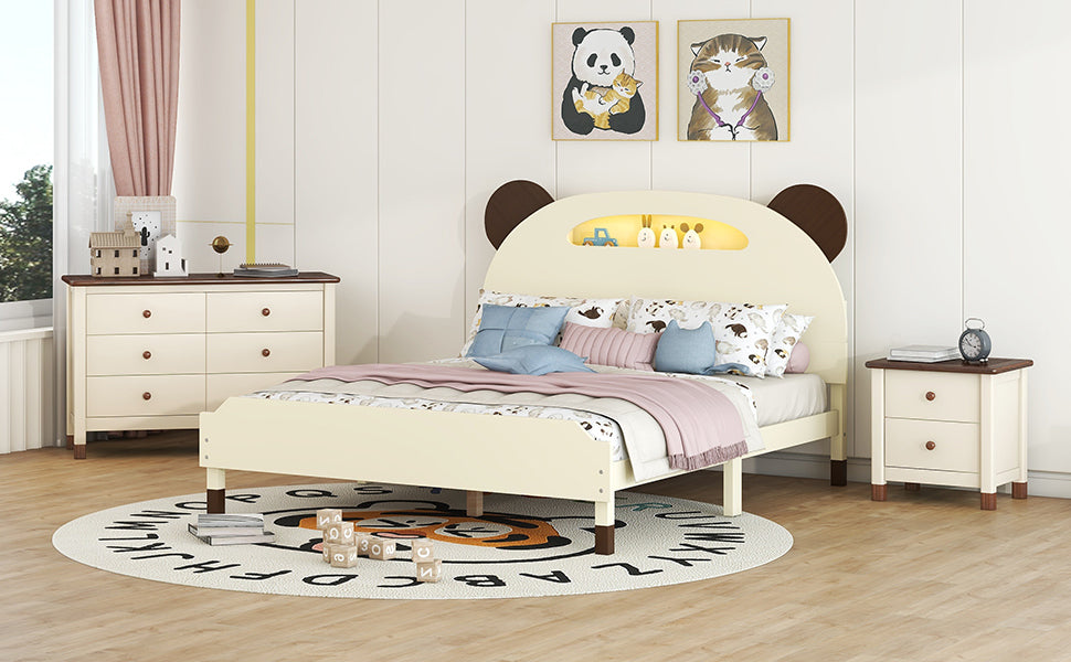 3 Pieces Bedroom Sets Full Size Bear Shape Platform Bed With Nightstand And Storage Dresser,Cream Walnut Cream Wood