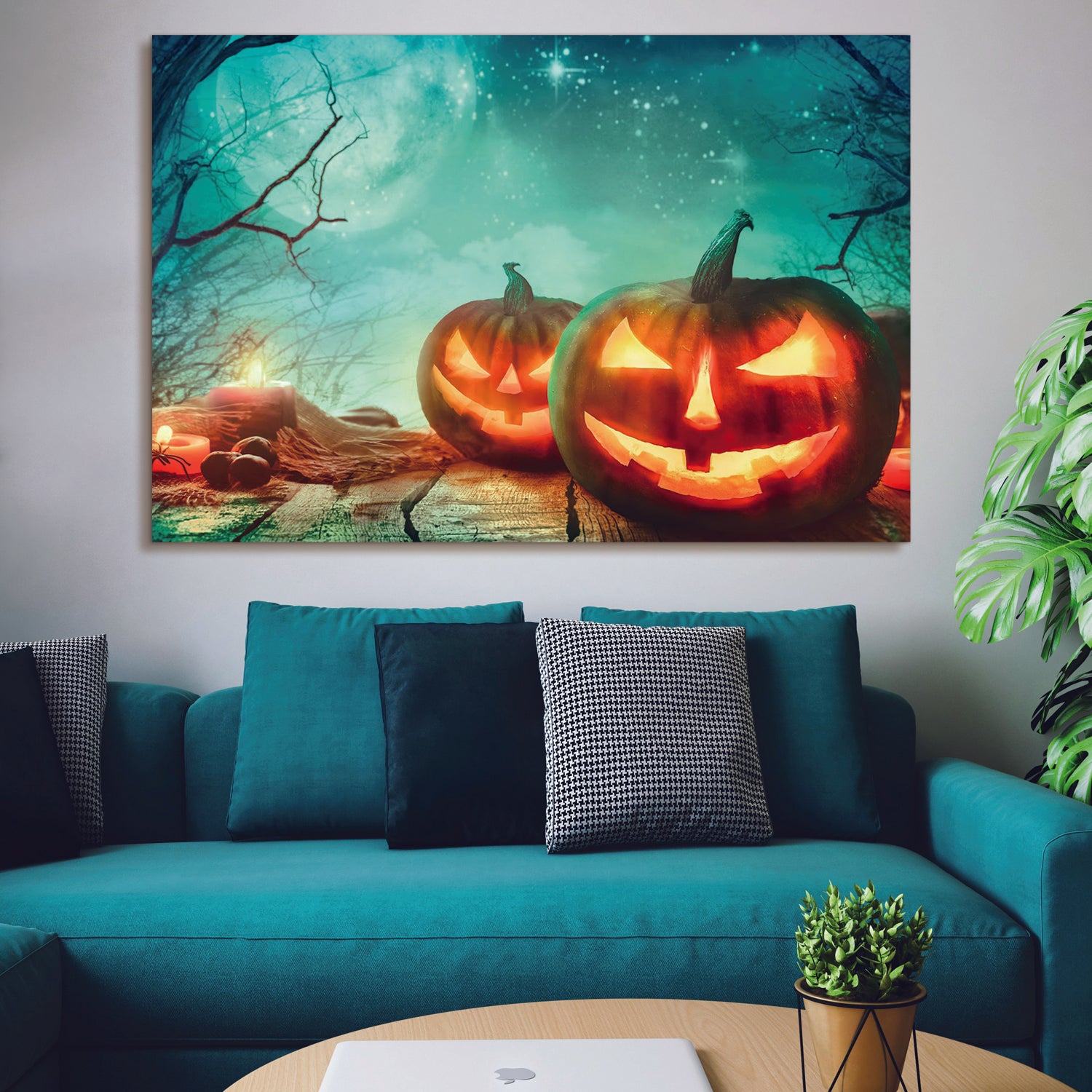 Drop Ping Framed Canvas Wall Art Decor Painting For Halloween,Scary Pumkin Jack O Lanterns Painting For Halloween Gift, Decoration For Halloween Office Living Room, Bedroom Decor Ready To Hang Rectangle Framed Multicolor Halloween Oversized 41In Canvas