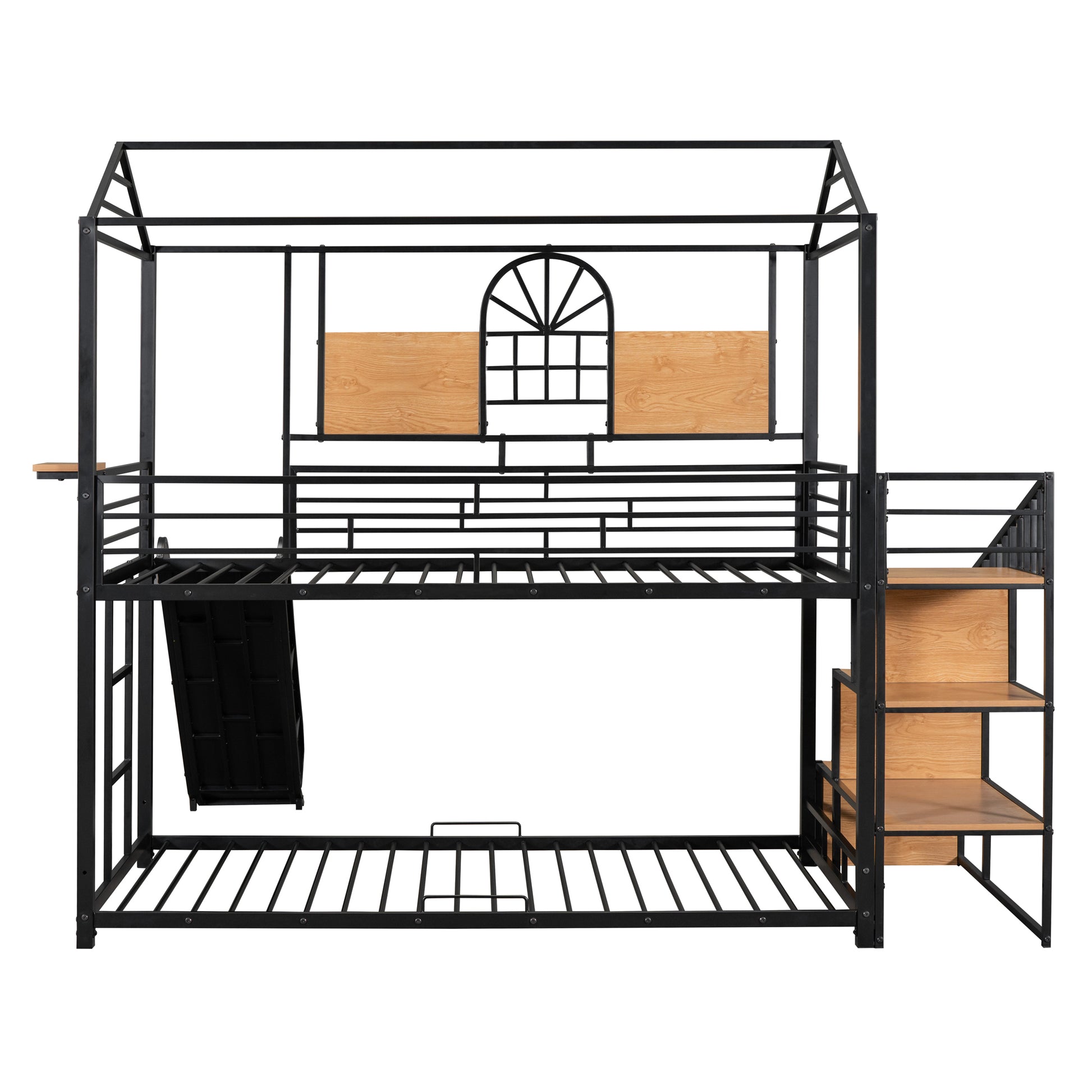 Twin Over Twin Metal Bunk Bed, Metal Housebed With Slide And Storage Stair, Black With Black Slide Black Iron