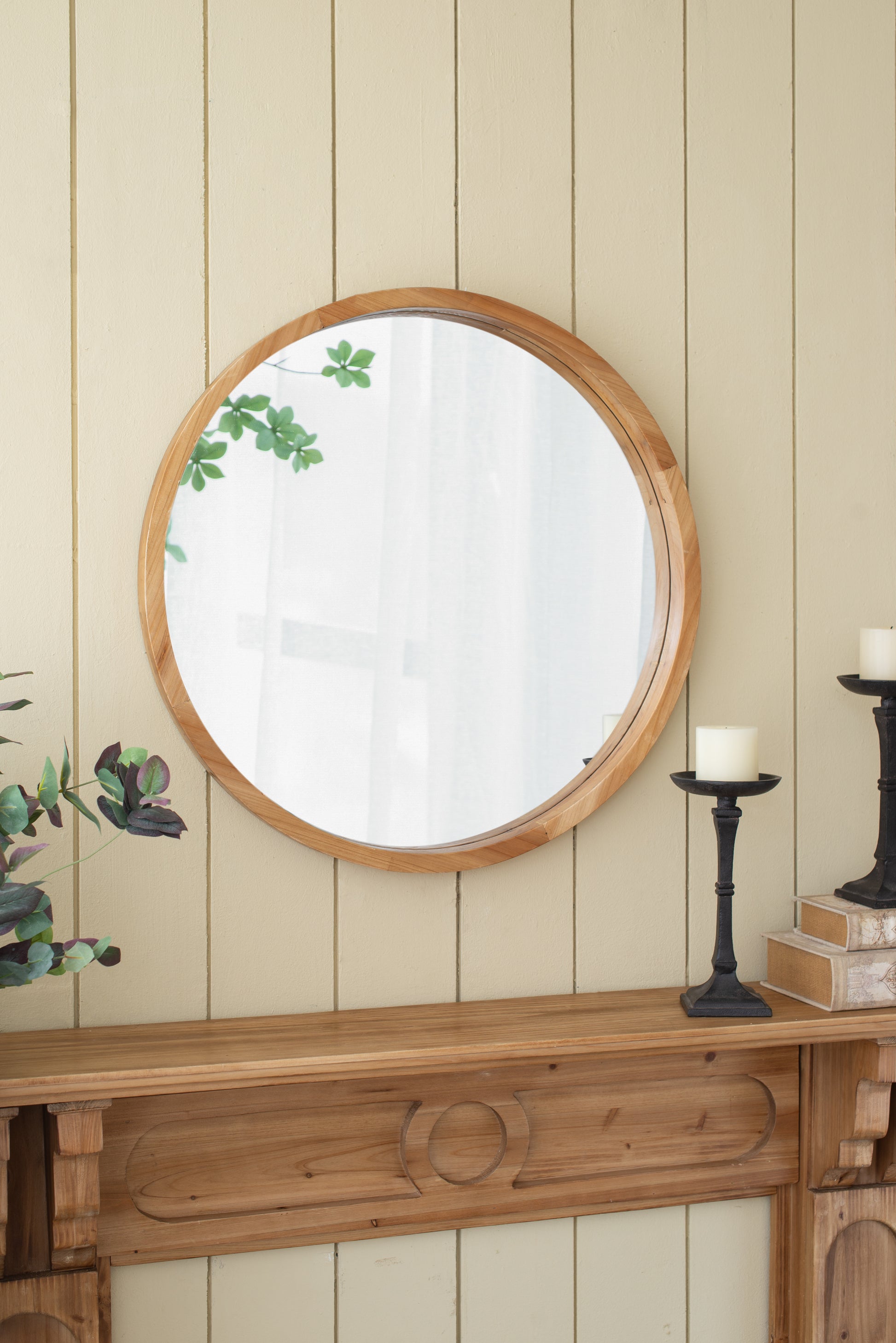 D28" Wood Round Mirror, Farmhouse Decor Style Circle Wall Mirror For Living Room Bathroom Entryway Brown Wood Glass