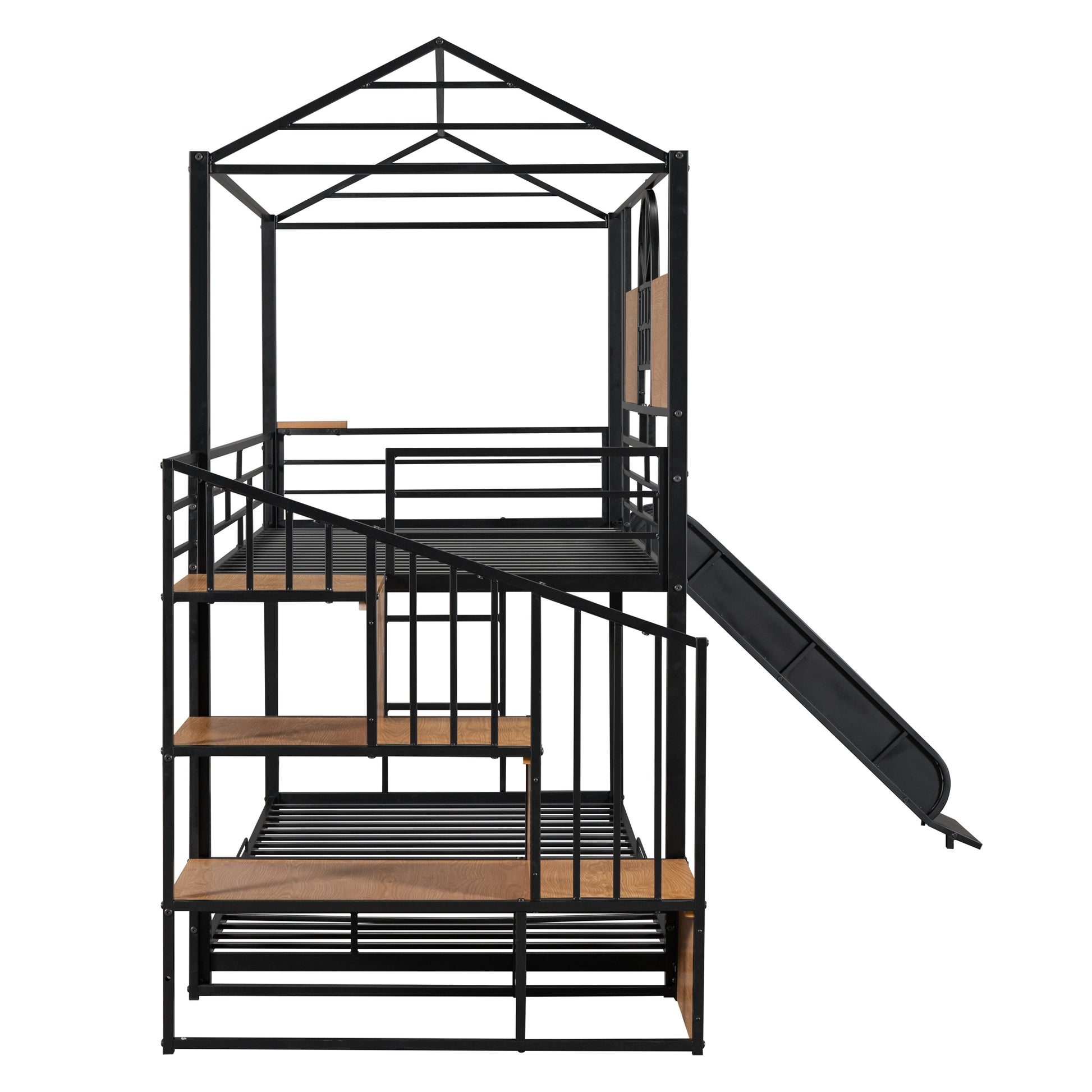 Twin Over Twin Metal Bunk Bed, Metal Housebed With Slide And Storage Stair, Black With Black Slide Black Iron