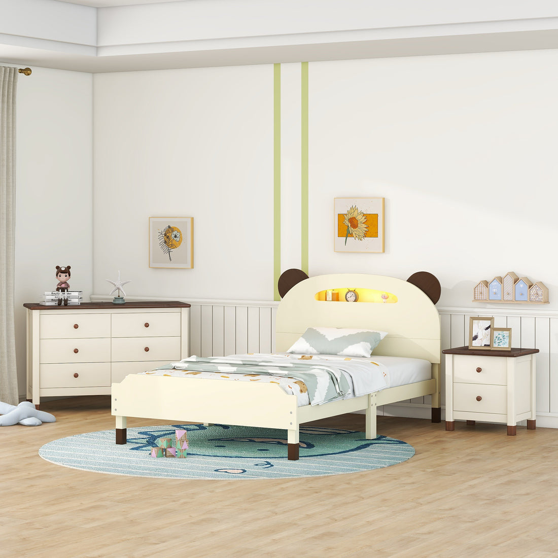 3 Pieces Bedroom Sets Twin Size Bear Shape Platform Bed With Nightstand And Storage Dresser,Cream Walnut Cream Wood