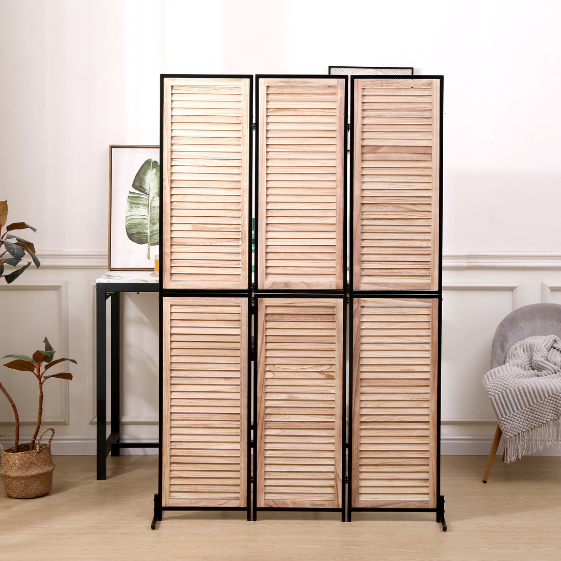 3 Panel Room Dividers And Folding Privacy Screen Natural Wooden Room Partitions 6Ft Wall Divider For Room Separation Natural Natural Metal & Wood
