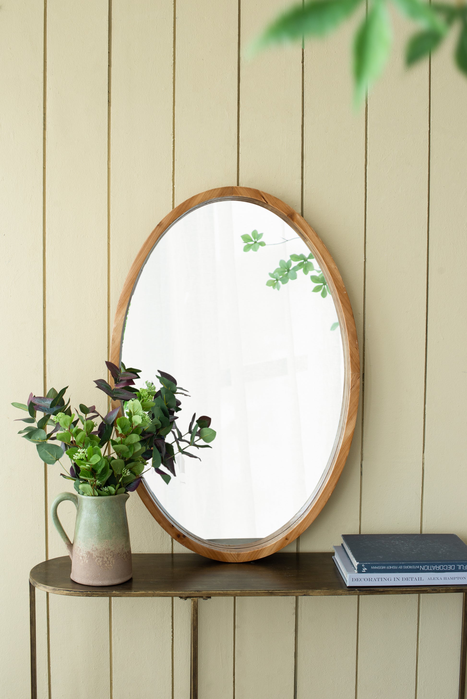 24" X 36" Oval Wall Mirror With Wood Frame, Farmhouse Wood Mirror For Bathroom Entryway Console Lean Against Wall Brown Wood Glass