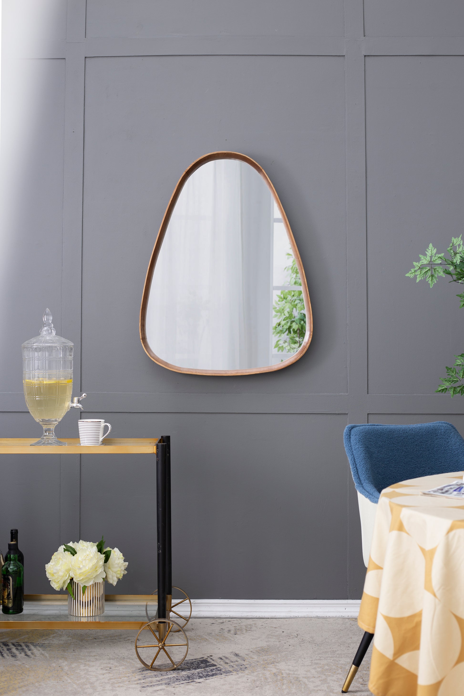 30"X38" Irrgeular Mirror With Wood Frame, Wall Mirror For Living Room Bathroom Entryway Brown Wood Glass