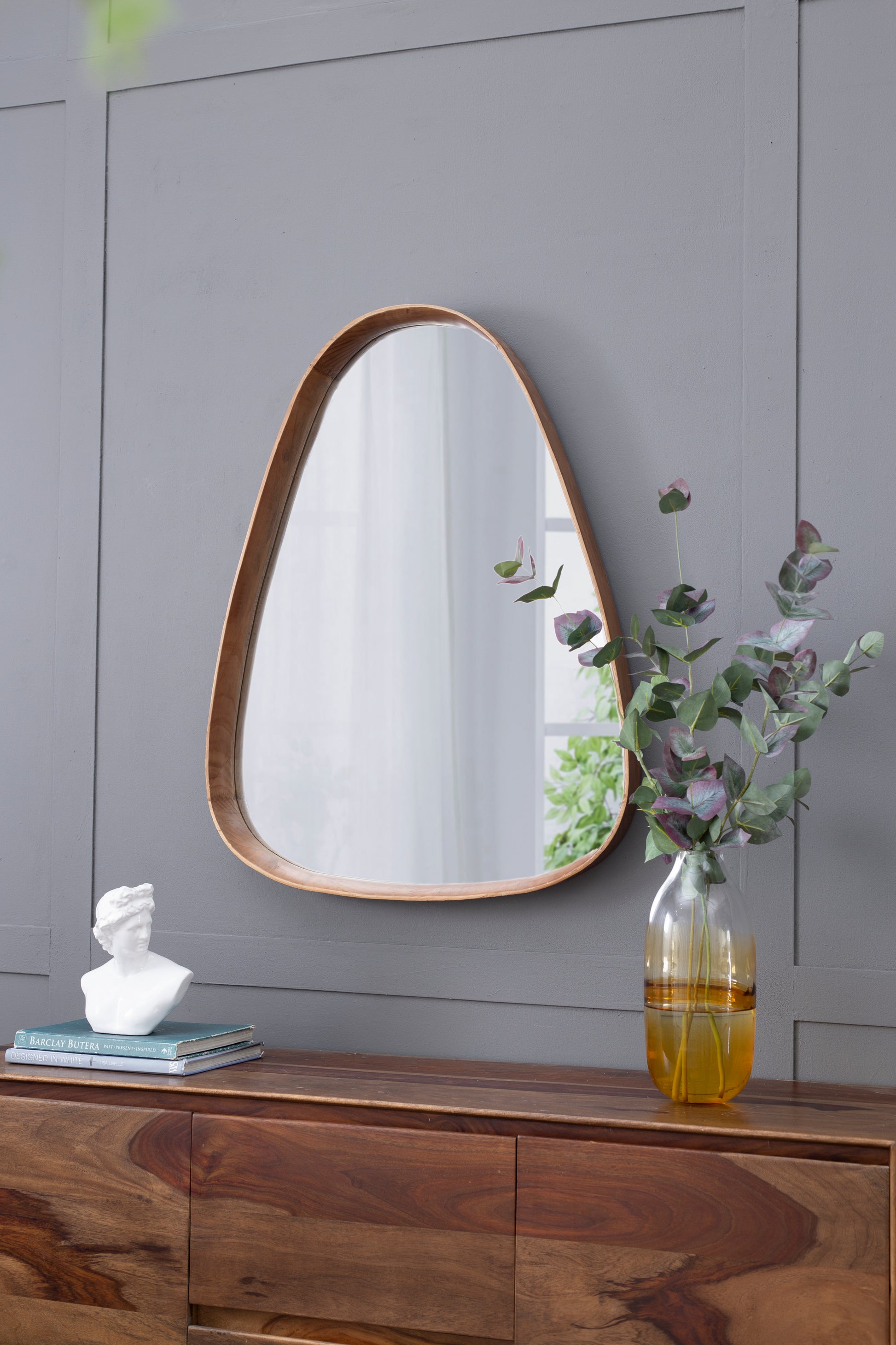 30"X38" Irrgeular Mirror With Wood Frame, Wall Mirror For Living Room Bathroom Entryway Brown Wood Glass