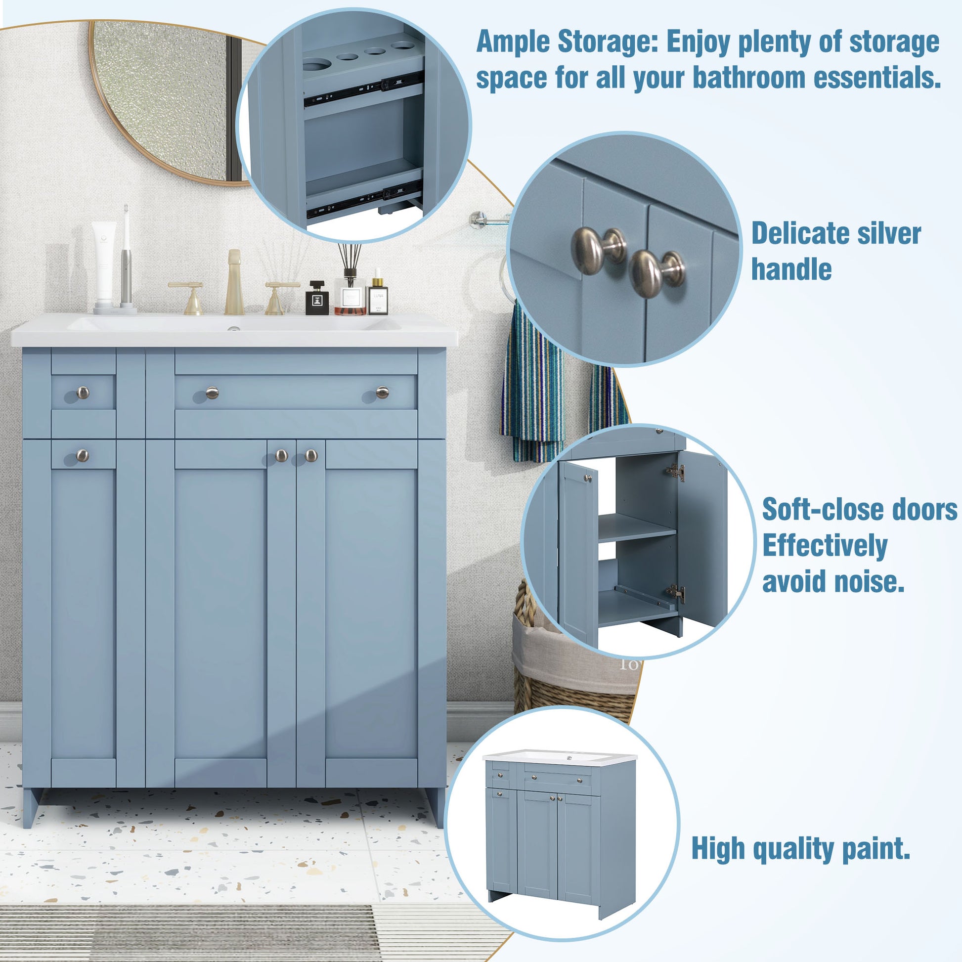 30 Inch Blue Bathroom Vanity With Ceramic Sink Combo, Abundant Storage Cabinet 2 Soft Close Doors And Double Tier Deep Drawer Blue Bathroom Mdf
