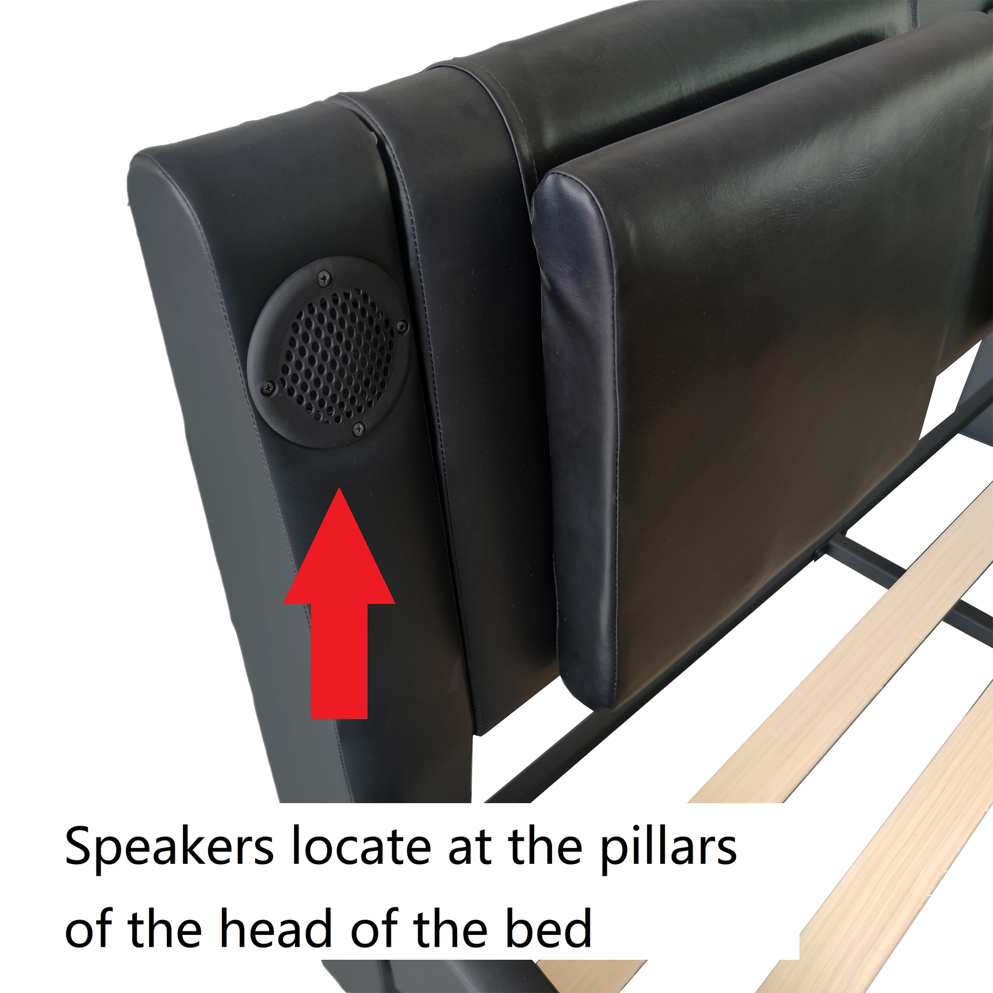 Faux Leather Upholstered Platform Bed Frame With Led Lighting, Bluetooth Connection To Play Music Control, Backrest Vibration Massage, Curve Design, Wood Slat Support, Exhibited Speakers,Queen Queen Black Mdf