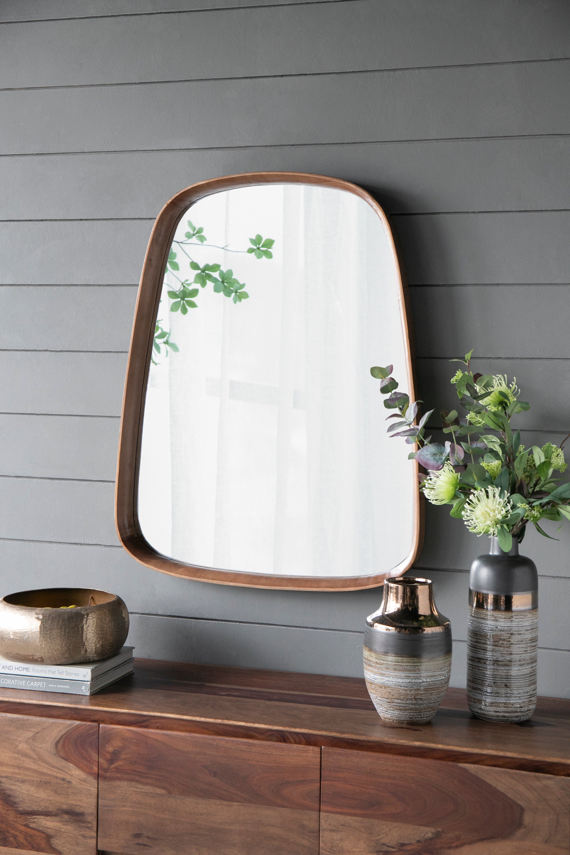 27"X37" Irrgeular Mirror With Wood Frame, Wall Mirror For Living Room Bathroom Entryway Brown Wood Glass