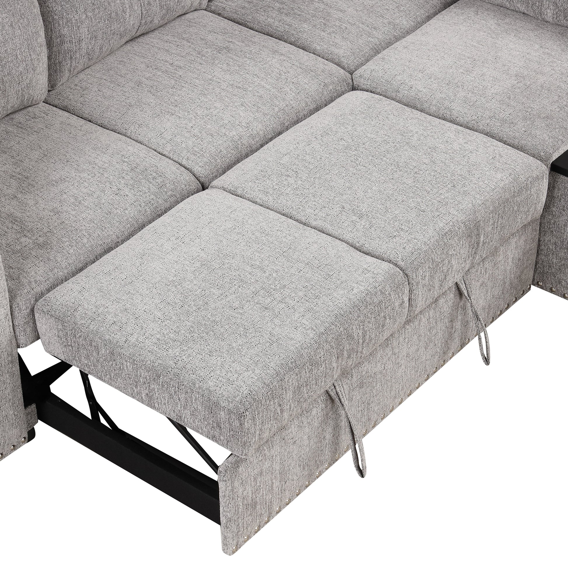 83.8" Sectional Pull Out Sofa Bed L Shaped Corner Sofa Couch With Storage Chaise, Usb Ports, Power Sockets, Cup Holder For Living Room, Bedroom, Study, Light Gray Light Grey Foam Chenille