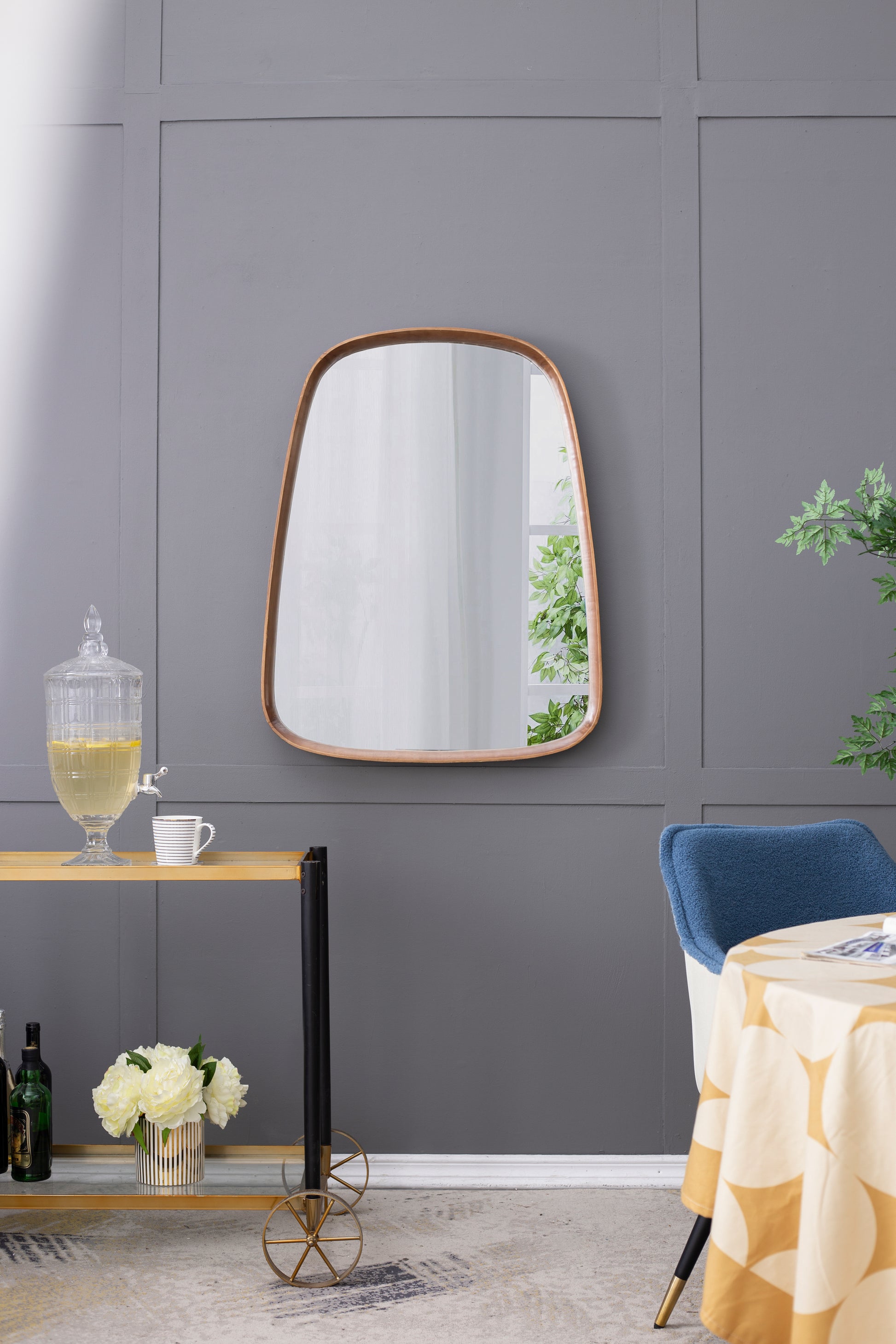 27"X37" Irrgeular Mirror With Wood Frame, Wall Mirror For Living Room Bathroom Entryway Brown Wood Glass