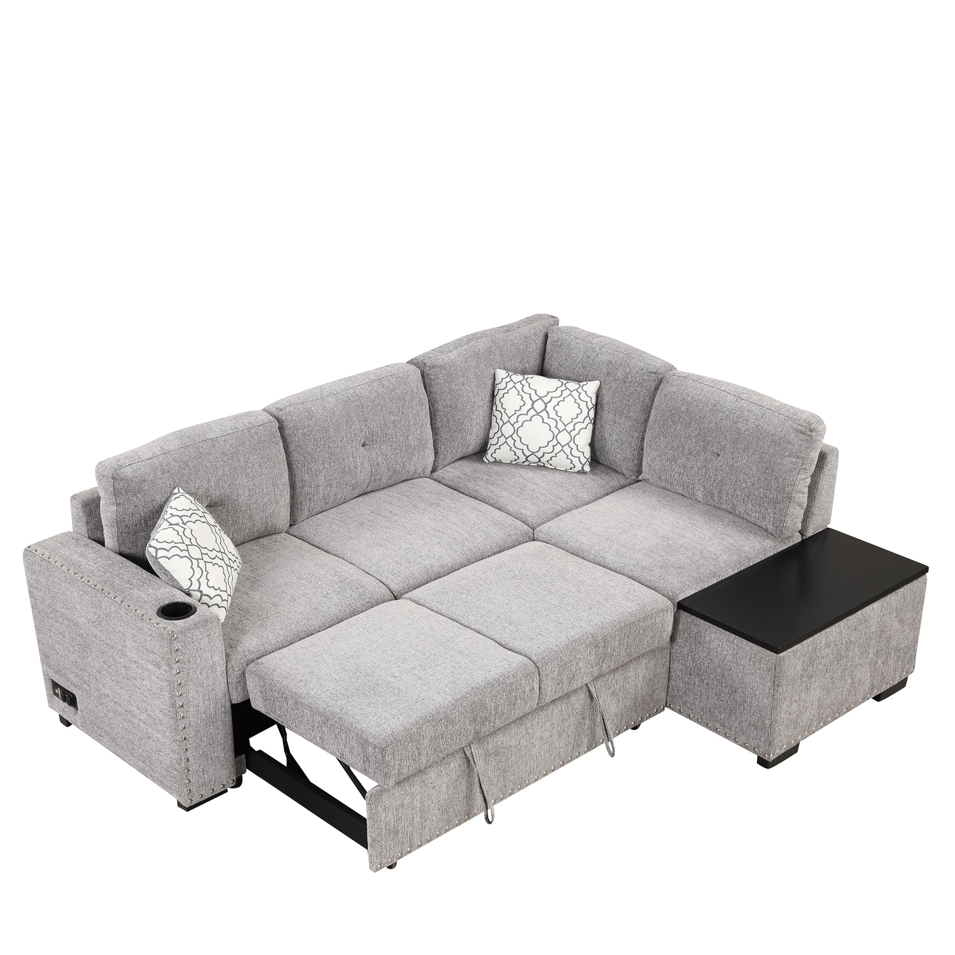 83.8" Sectional Pull Out Sofa Bed L Shaped Corner Sofa Couch With Storage Chaise, Usb Ports, Power Sockets, Cup Holder For Living Room, Bedroom, Study, Light Gray Light Grey Foam Chenille