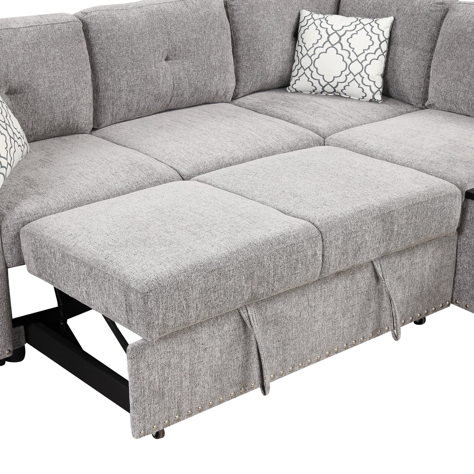 83.8" Sectional Pull Out Sofa Bed L Shaped Corner Sofa Couch With Storage Chaise, Usb Ports, Power Sockets, Cup Holder For Living Room, Bedroom, Study, Light Gray Light Grey Foam Chenille