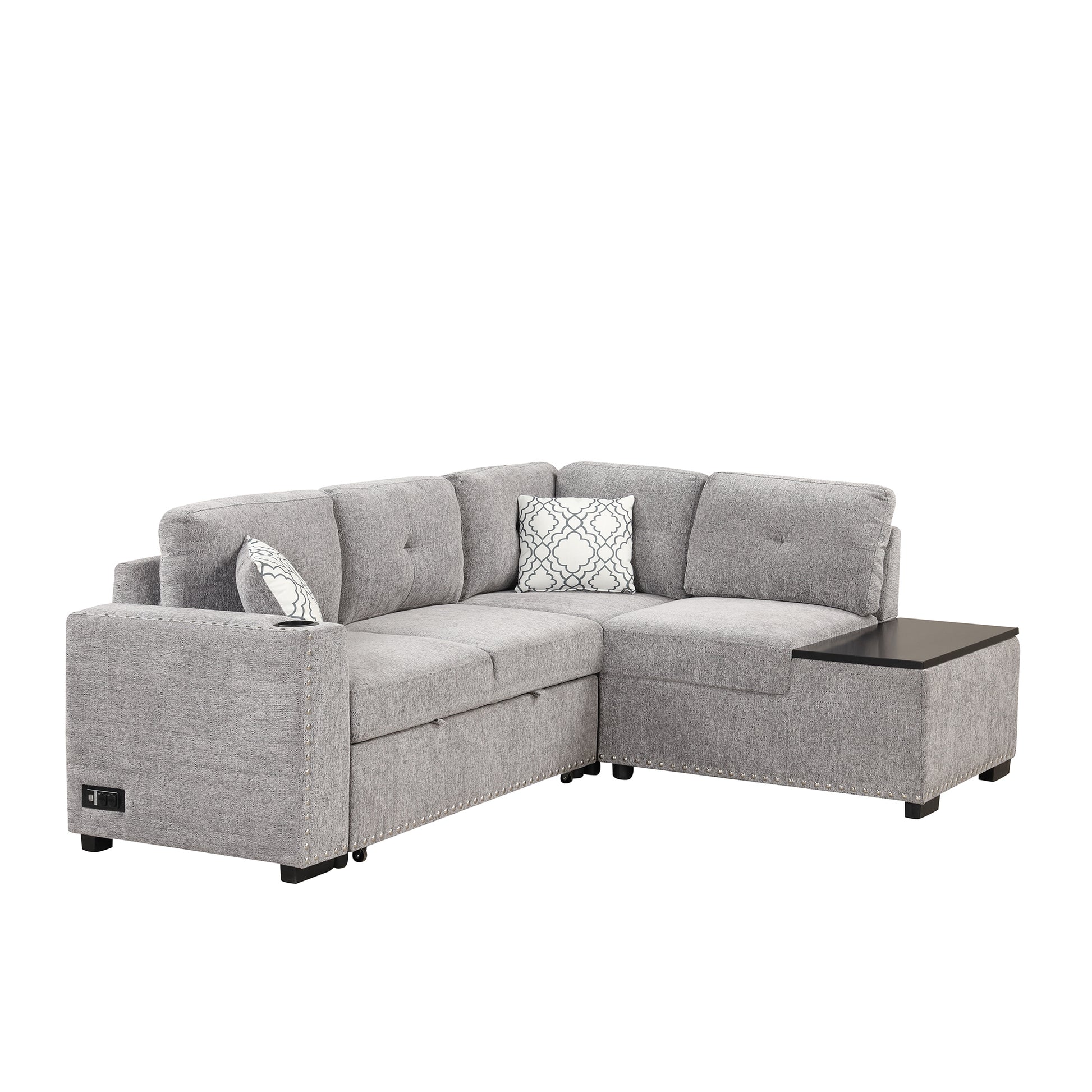 83.8" Sectional Pull Out Sofa Bed L Shaped Corner Sofa Couch With Storage Chaise, Usb Ports, Power Sockets, Cup Holder For Living Room, Bedroom, Study, Light Gray Light Grey Foam Chenille