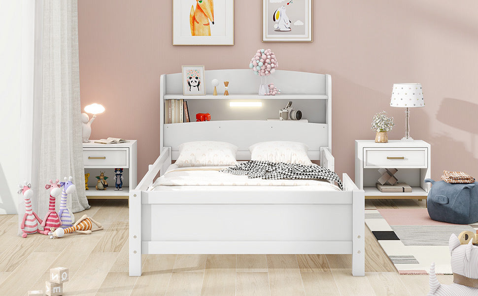 Wood Twin Size Platform Bed With Built In Led Light, Storage Headboard And Guardrail, White Box Spring Not Required Twin White Wood Bedroom Bed Frame Solid Wood Mdf