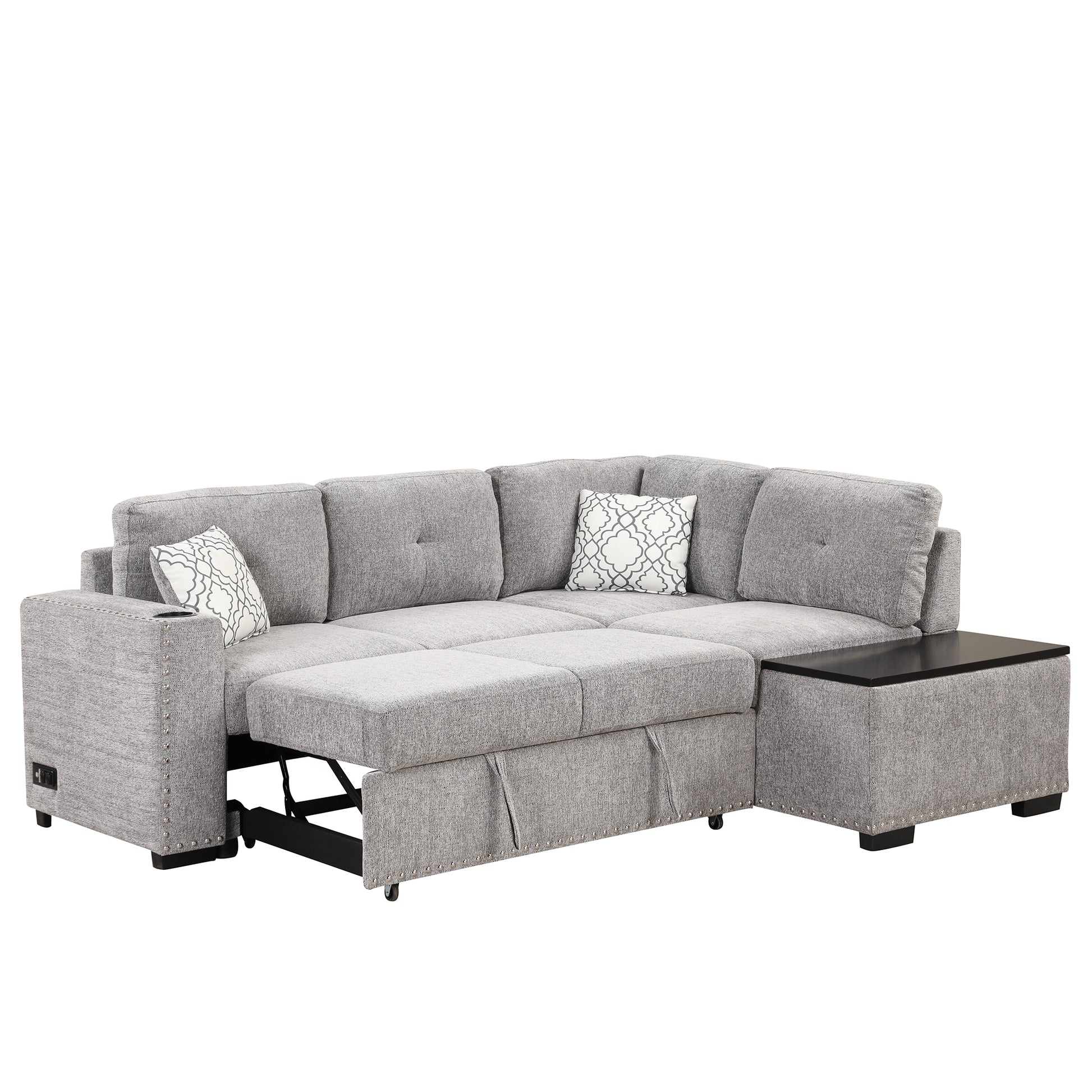 83.8" Sectional Pull Out Sofa Bed L Shaped Corner Sofa Couch With Storage Chaise, Usb Ports, Power Sockets, Cup Holder For Living Room, Bedroom, Study, Light Gray Light Grey Foam Chenille