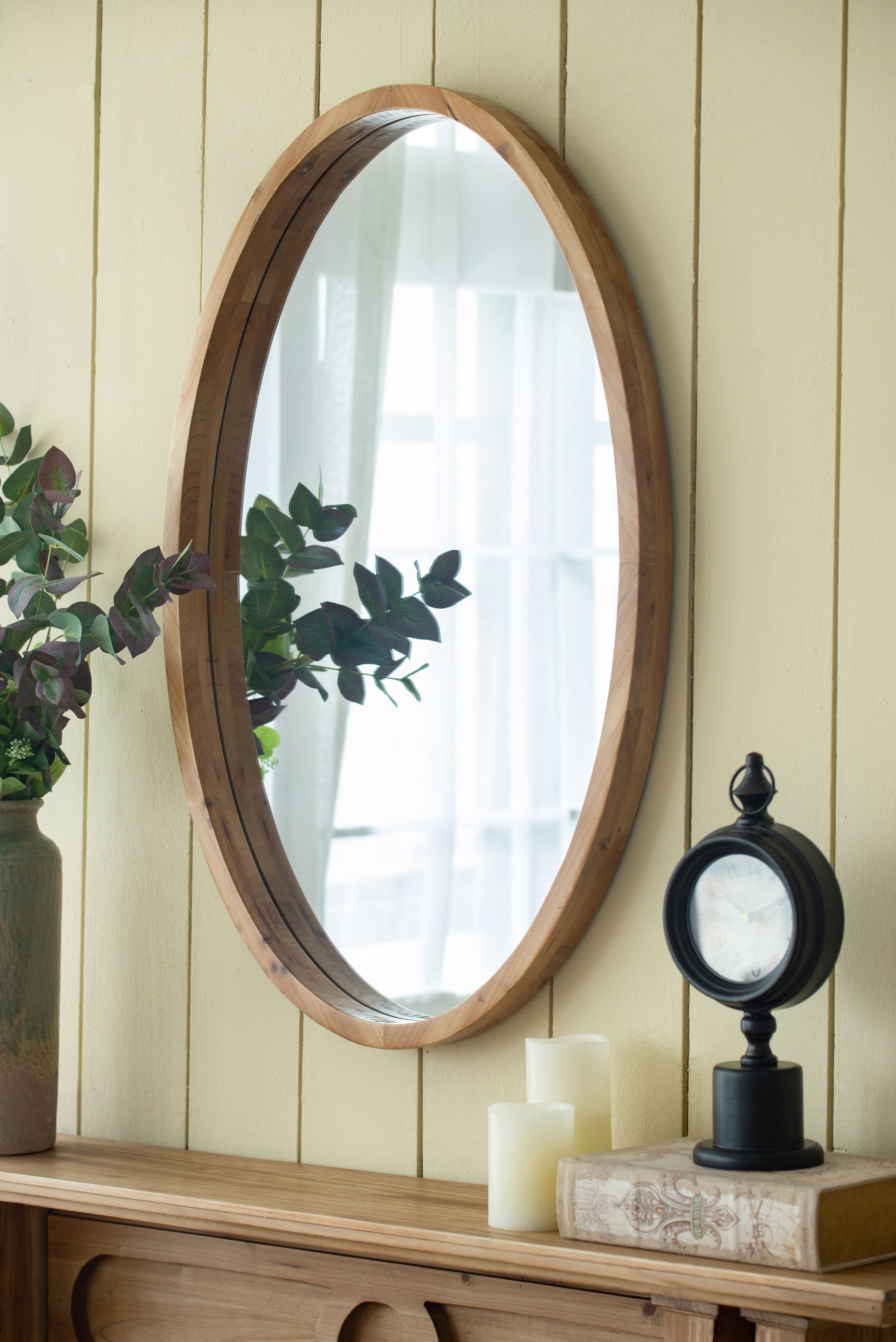 24" X 36" Oval Wall Mirror With Wood Frame, Farmhouse Wood Mirror For Bathroom Entryway Console Lean Against Wall Brown Wood Glass