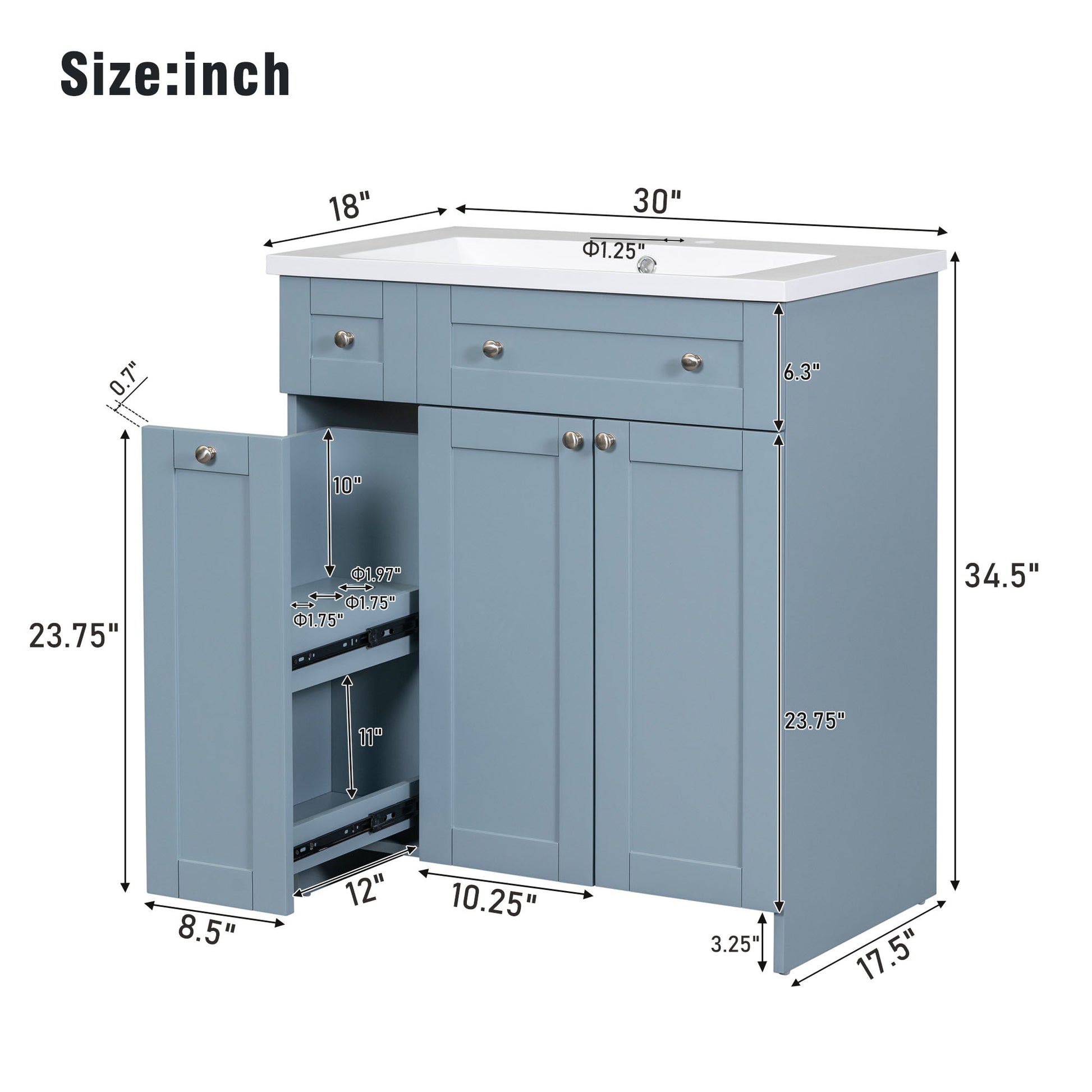 30 Inch Blue Bathroom Vanity With Ceramic Sink Combo, Abundant Storage Cabinet 2 Soft Close Doors And Double Tier Deep Drawer Blue Bathroom Mdf