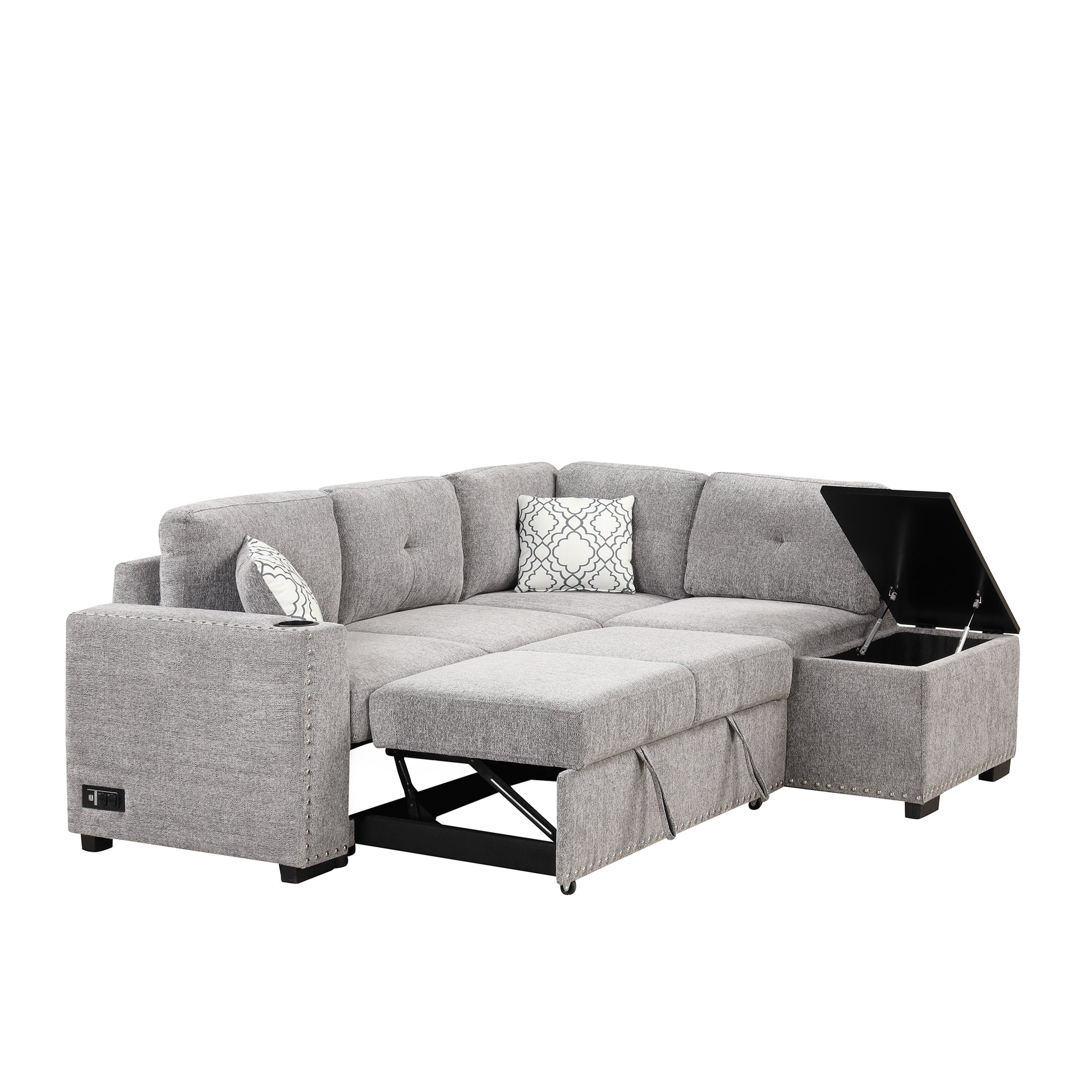 83.8" Sectional Pull Out Sofa Bed L Shaped Corner Sofa Couch With Storage Chaise, Usb Ports, Power Sockets, Cup Holder For Living Room, Bedroom, Study, Light Gray Light Grey Foam Chenille