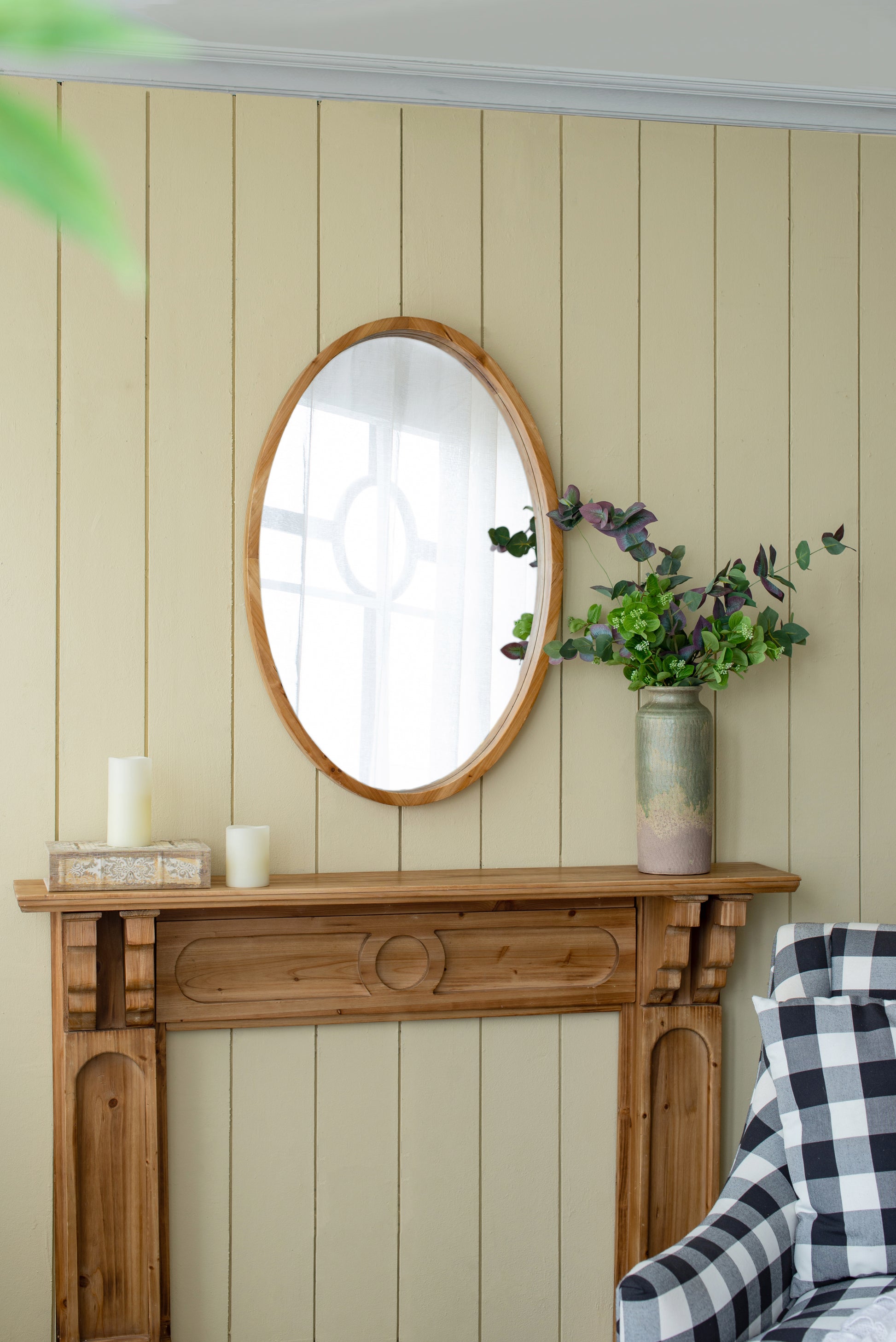 24" X 36" Oval Wall Mirror With Wood Frame, Farmhouse Wood Mirror For Bathroom Entryway Console Lean Against Wall Brown Wood Glass