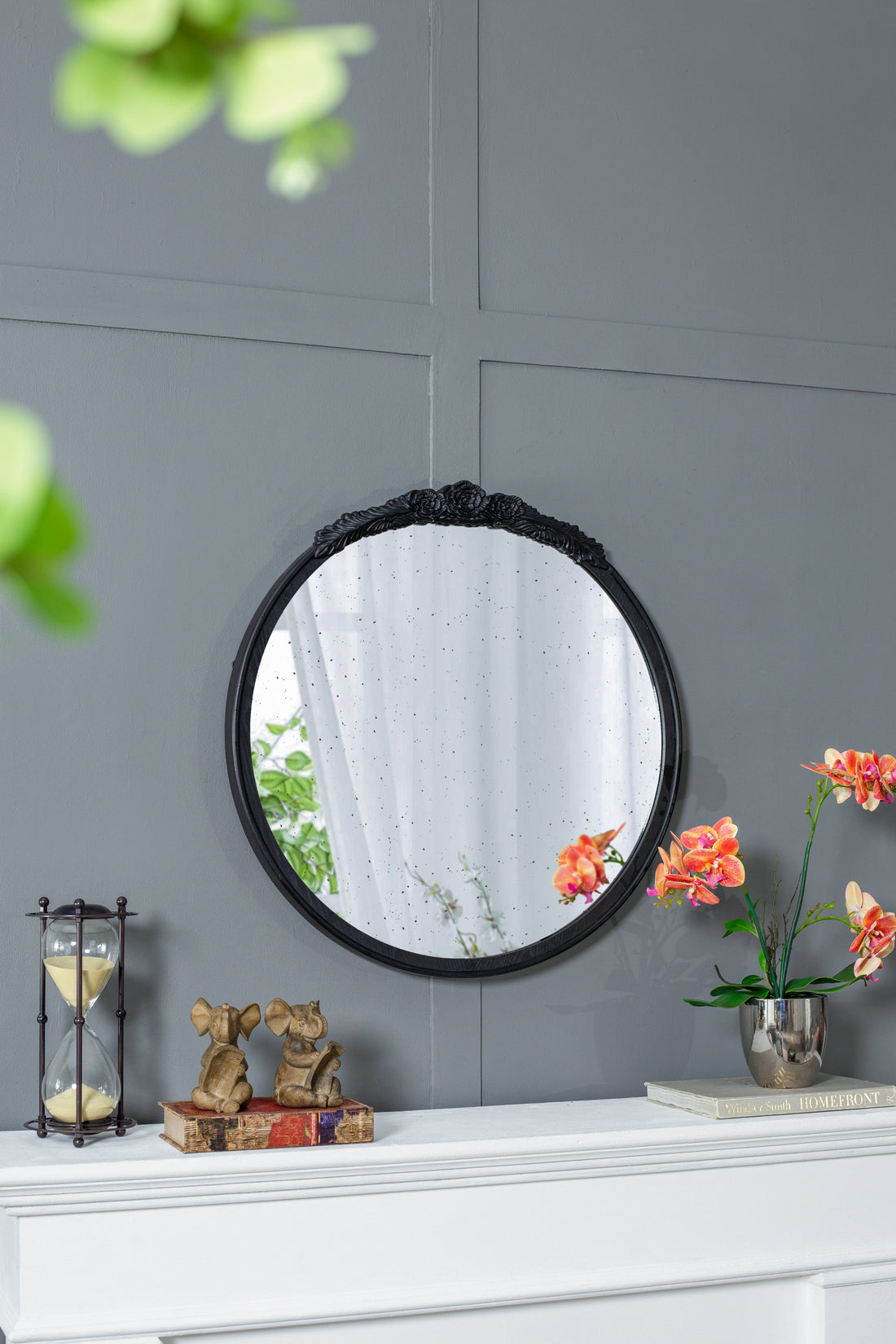 30"X30" Round Hand Carved Rose Antique Mirror Frame, Wall Mirror For Live Space, Bathroom, Entryway Wall D Cor Black Black Mdf Glass