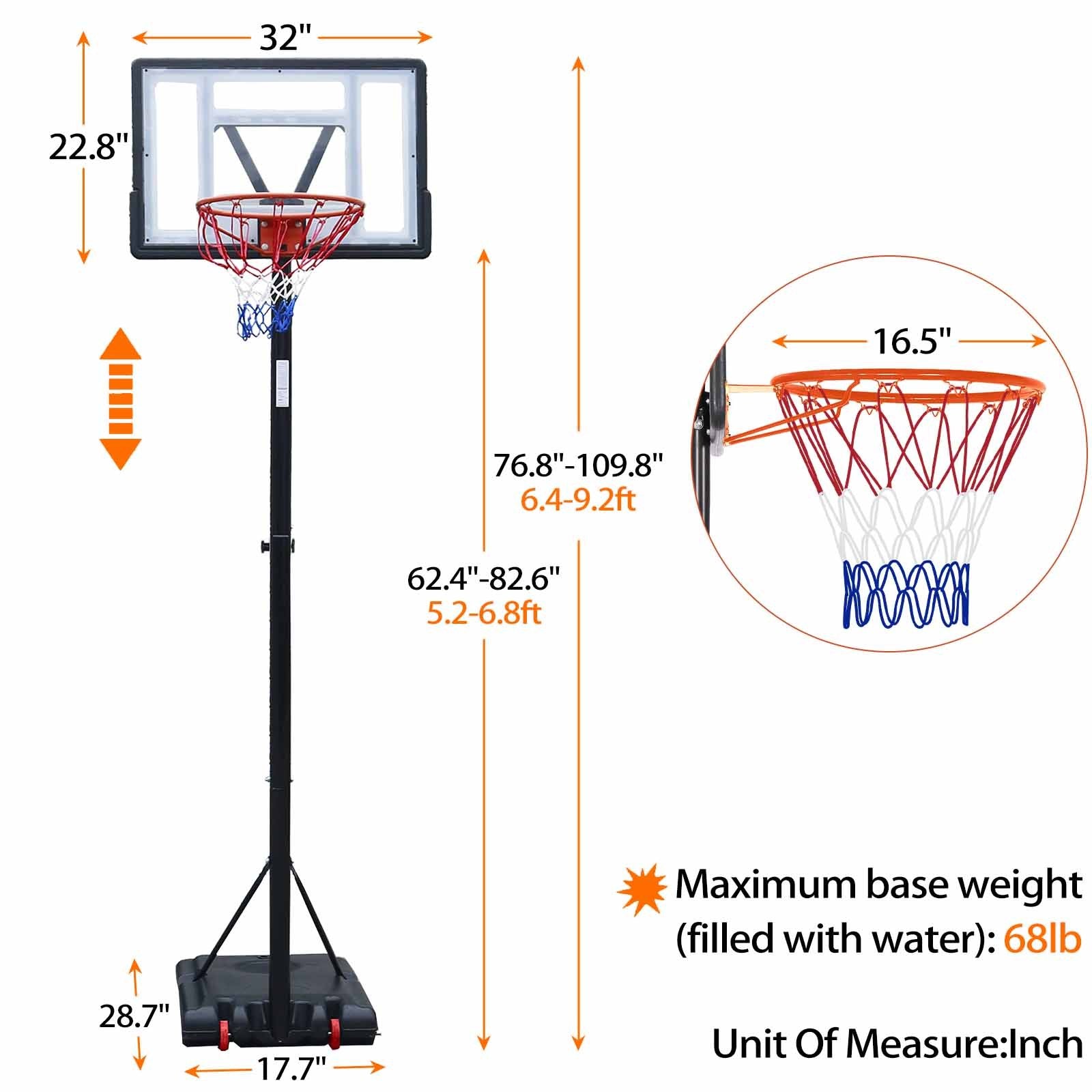 Basketball Hoop Outdoor, 5.2 Ft To 6.8Ft Adjustable Basketball Goal With 32" Backboard & 16" Basket, All Weather Portable Basketball Stand Wheels, For Kids Youth Adult, Indoor Gym, Driveway Balls Sports Black Garden & Outdoor Metal