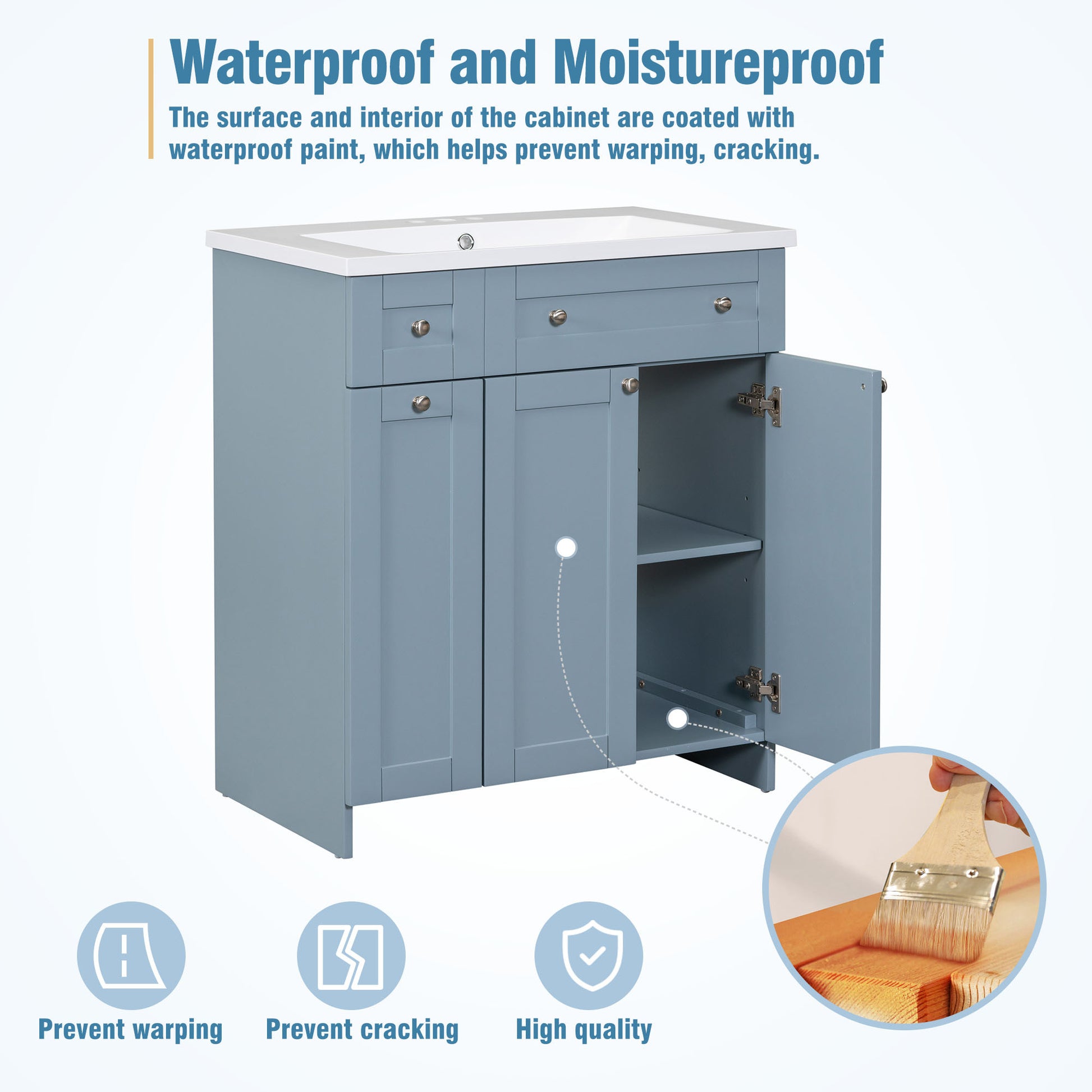 Modern 30 Inch Bathroom Vanity Cabinet With Easy To Clean Resin Integrated Sink In Blue Blue Mdf