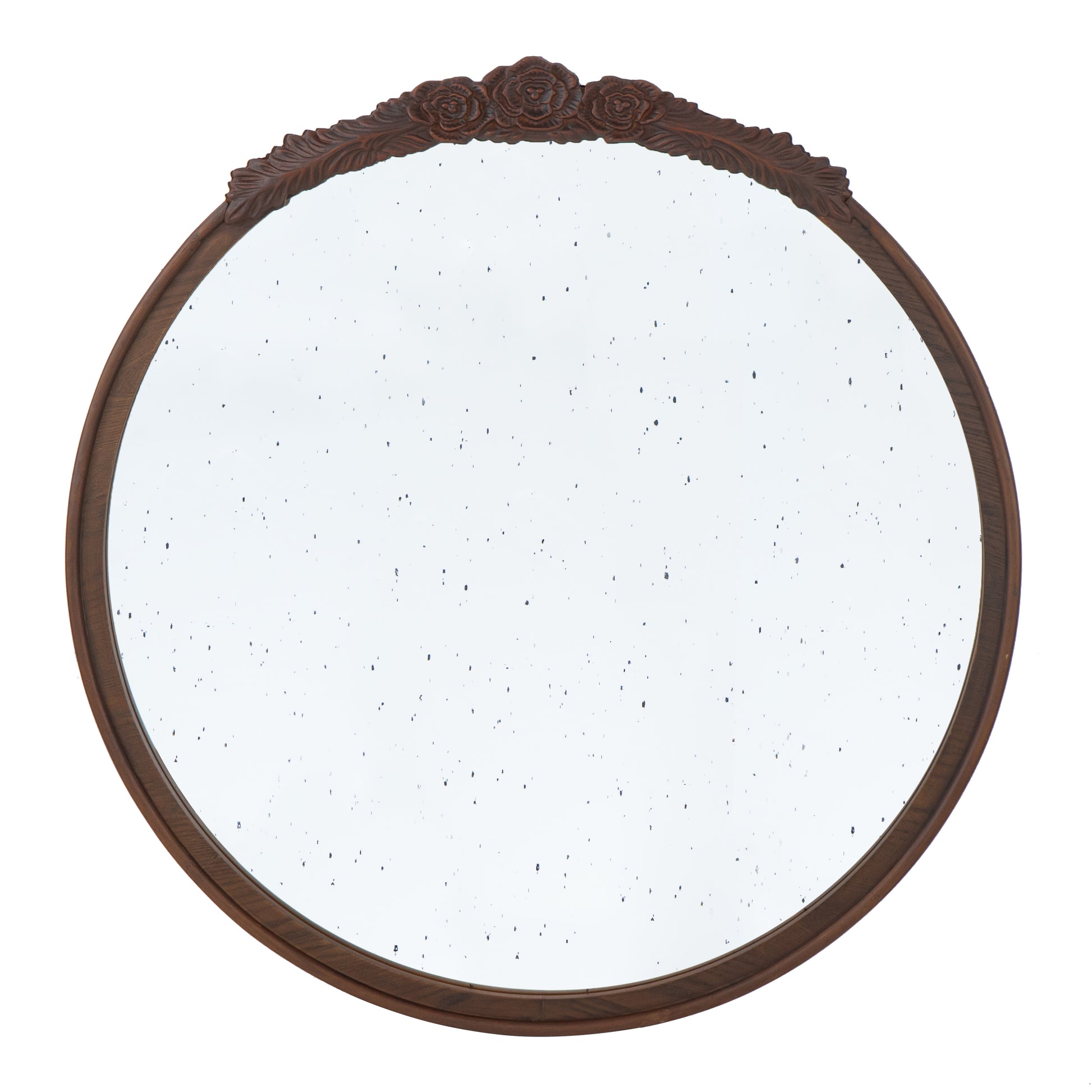 30"X30" Round Hand Carved Rose Antique Mirror Frame, Wall Mirror For Live Space, Bathroom, Entryway Wall D Cor Brown Brown Mdf Glass