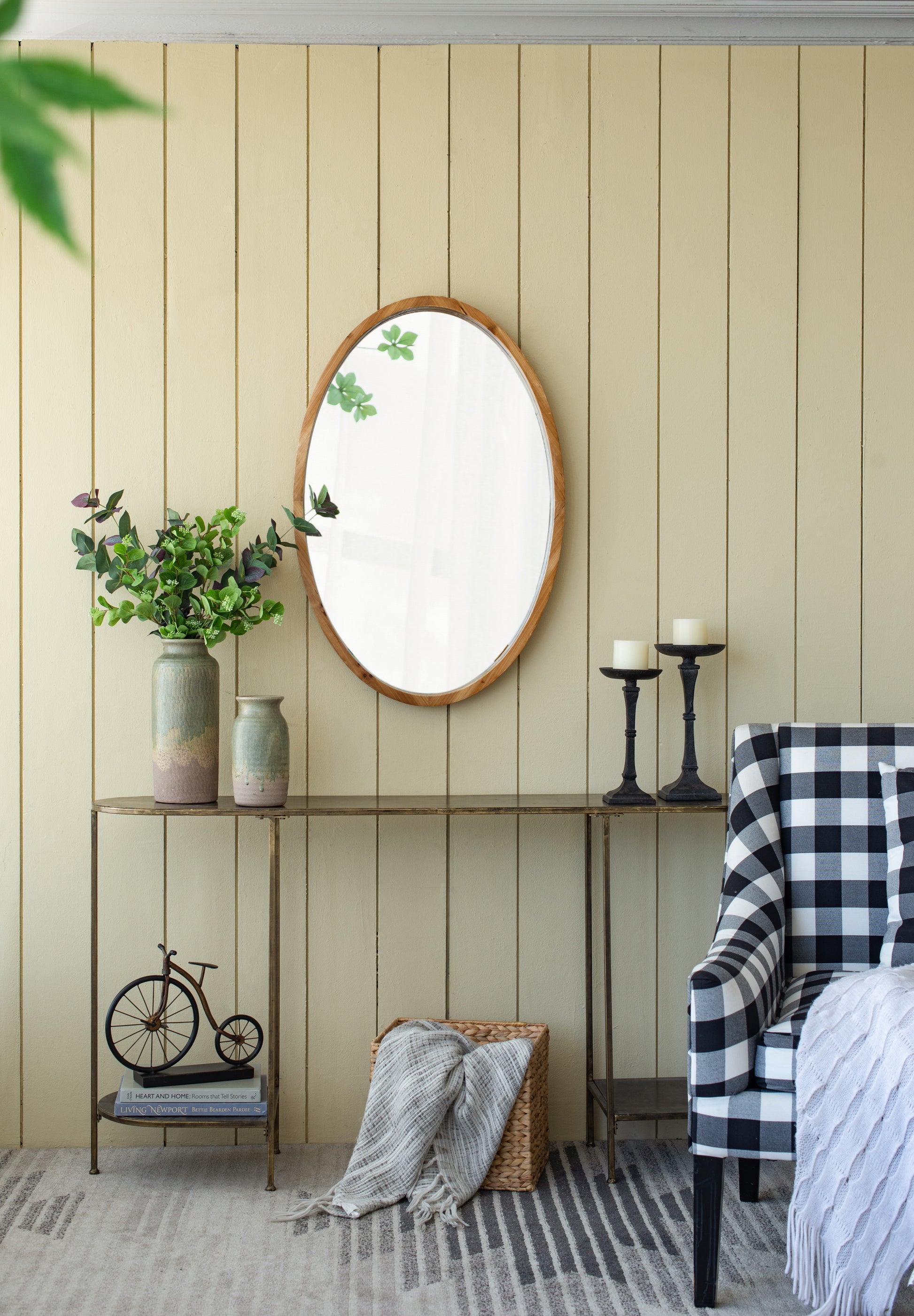 24" X 36" Oval Wall Mirror With Wood Frame, Farmhouse Wood Mirror For Bathroom Entryway Console Lean Against Wall Brown Wood Glass