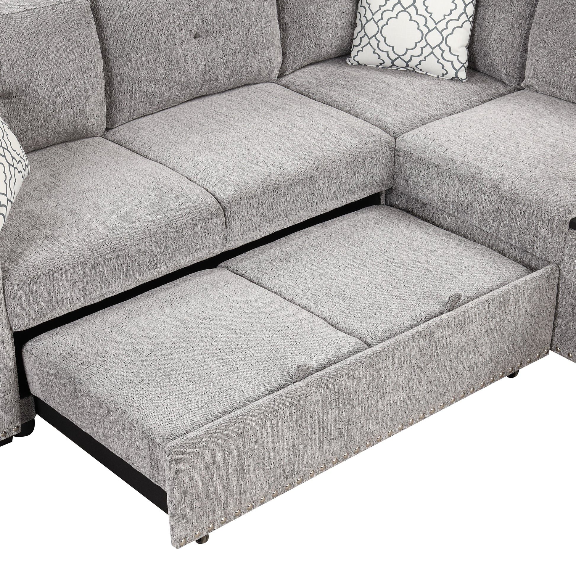 83.8" Sectional Pull Out Sofa Bed L Shaped Corner Sofa Couch With Storage Chaise, Usb Ports, Power Sockets, Cup Holder For Living Room, Bedroom, Study, Light Gray Light Grey Foam Chenille