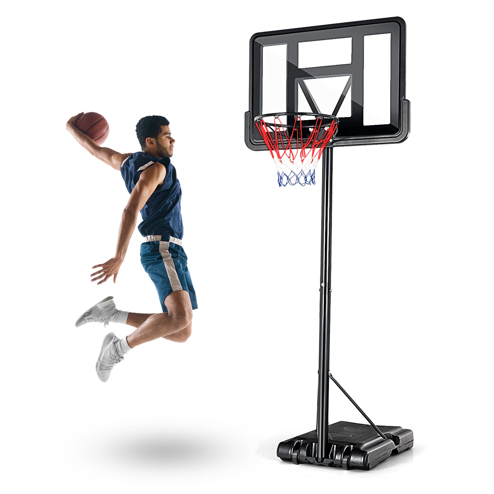 Portable Basketball Hoop Outdoor, 4.25Ft 10Ft Height Adjustable Basketball Goal, Shatterproof Backboard, Built In Wheels, Basketball Stand Black Metal