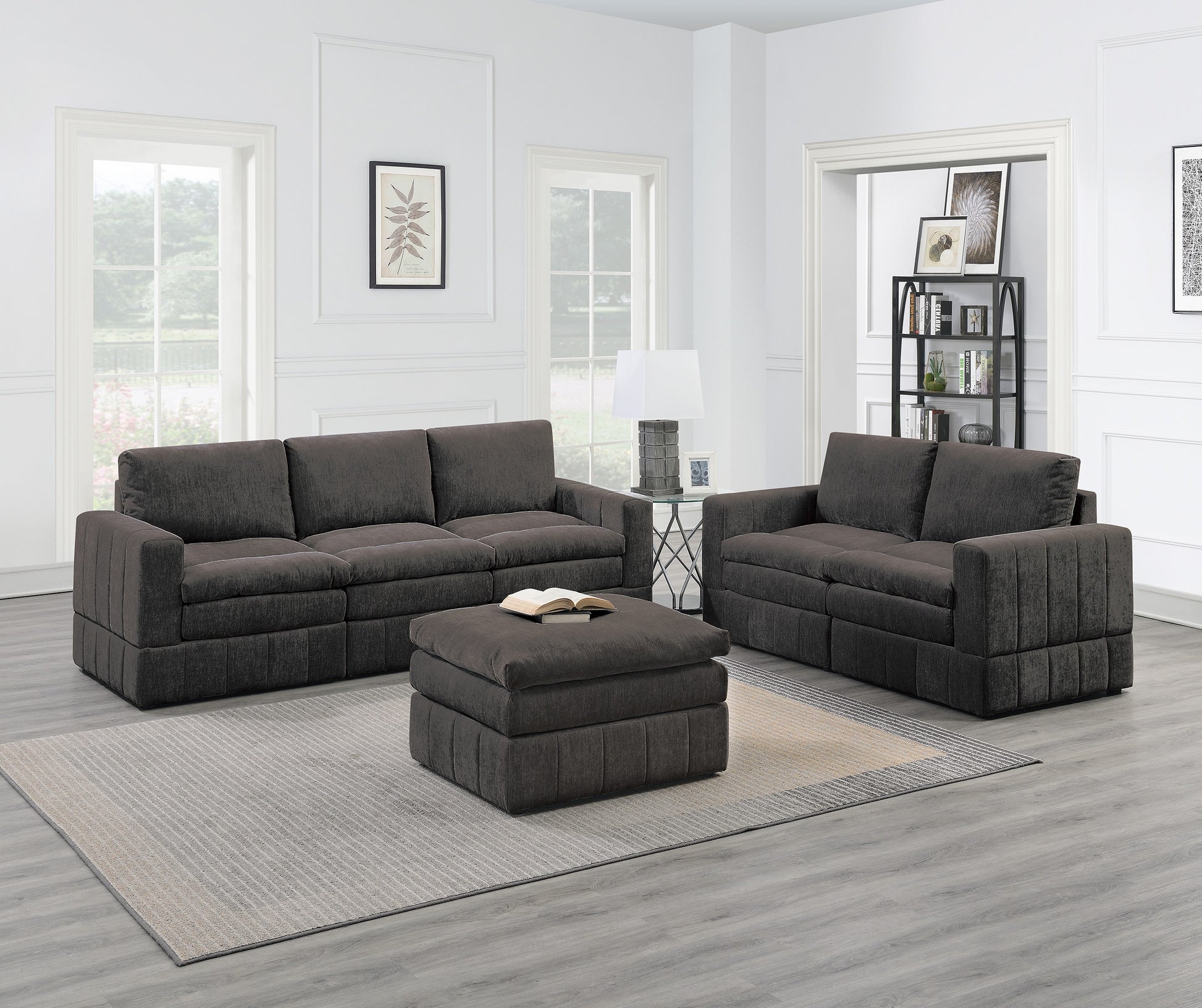 Contemporary 6Pc Set Modular Sectional Set 4X One Arm Chair Wedge 1X Armless Chairs 1X Ottoman Mink Morgan Fabric Plush Living Room Furniture Brown Mix Suede Wood Primary Living Space Cushion Back Contemporary,Modern Modular Fabric 6 Seat